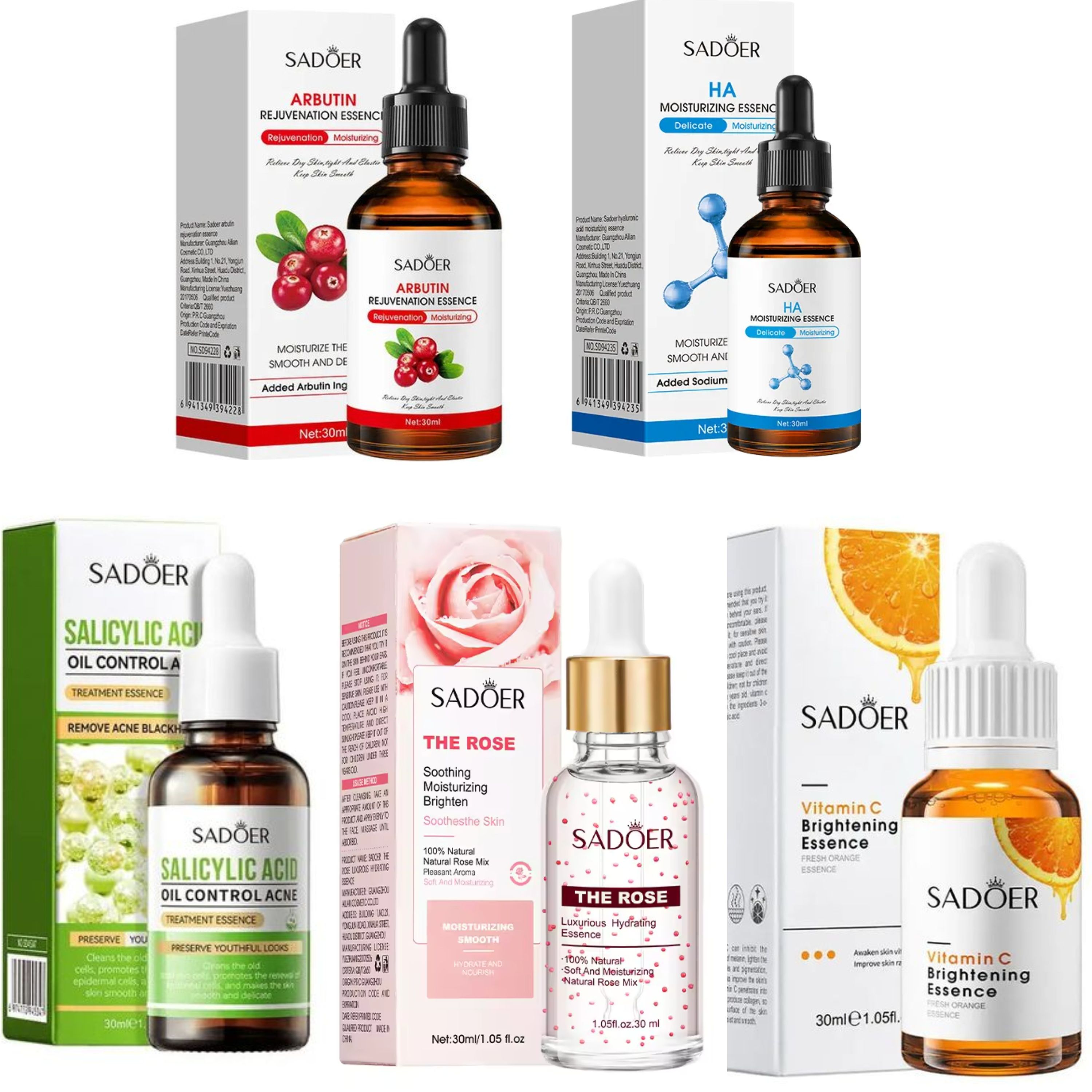 5 Pieces,  Salicylic Acid Acne Essence + The Rose Brightening Serum+ Vitamin C Face Brightening  + Hyaluronic Acid + Arbutin Rejuvenating  Essence, Skin Brightening, Moisturizing, Anti Wrinkles,
