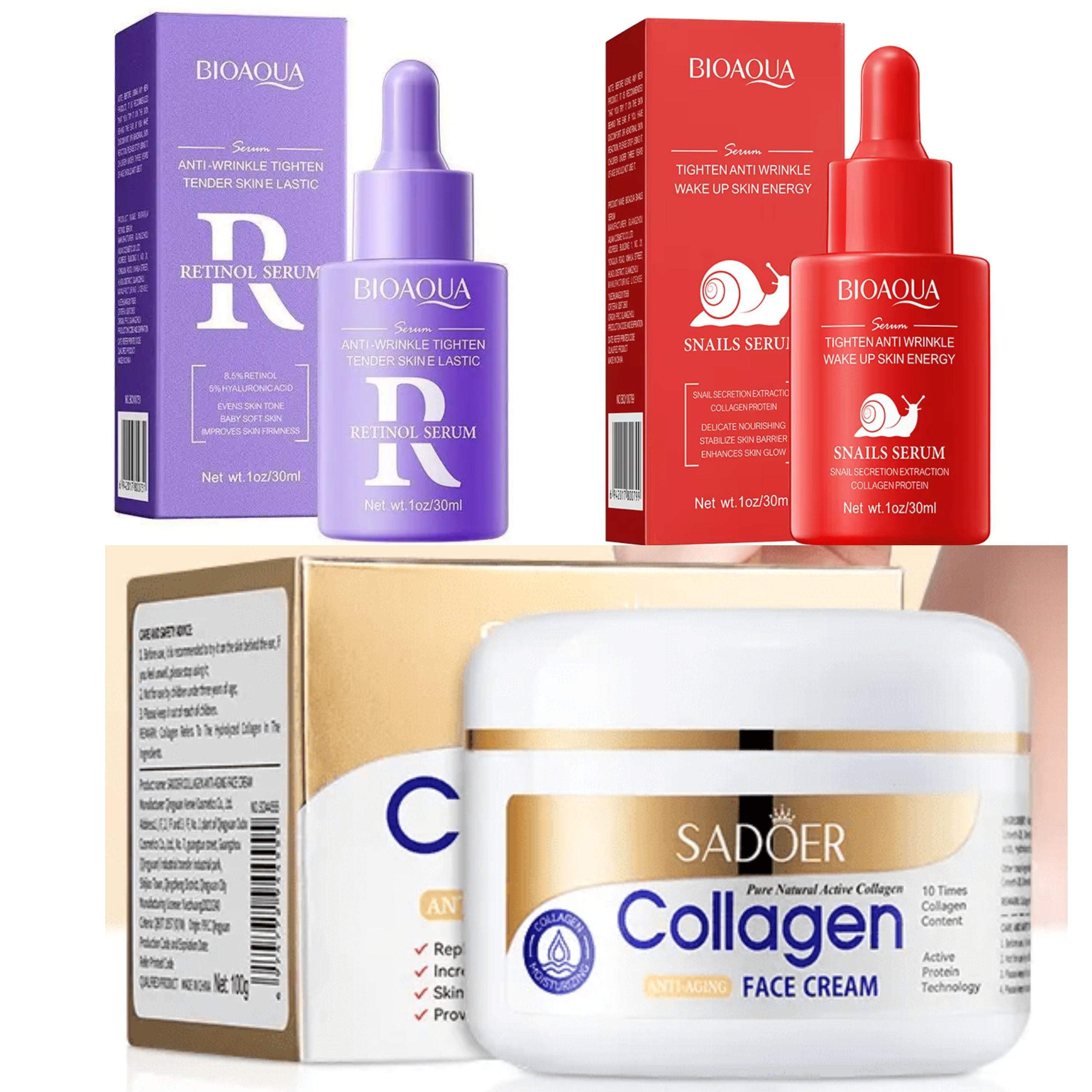 3 in 1, Retinol Firming Serum + Collagen Cream+ Snail Collagen Serum , Anti aging, Anti Wrinkles, Anti Acne, Anti Dark Spots, Can use with Vitamin C Face Brightening , Smooth Skin and Revitalized
