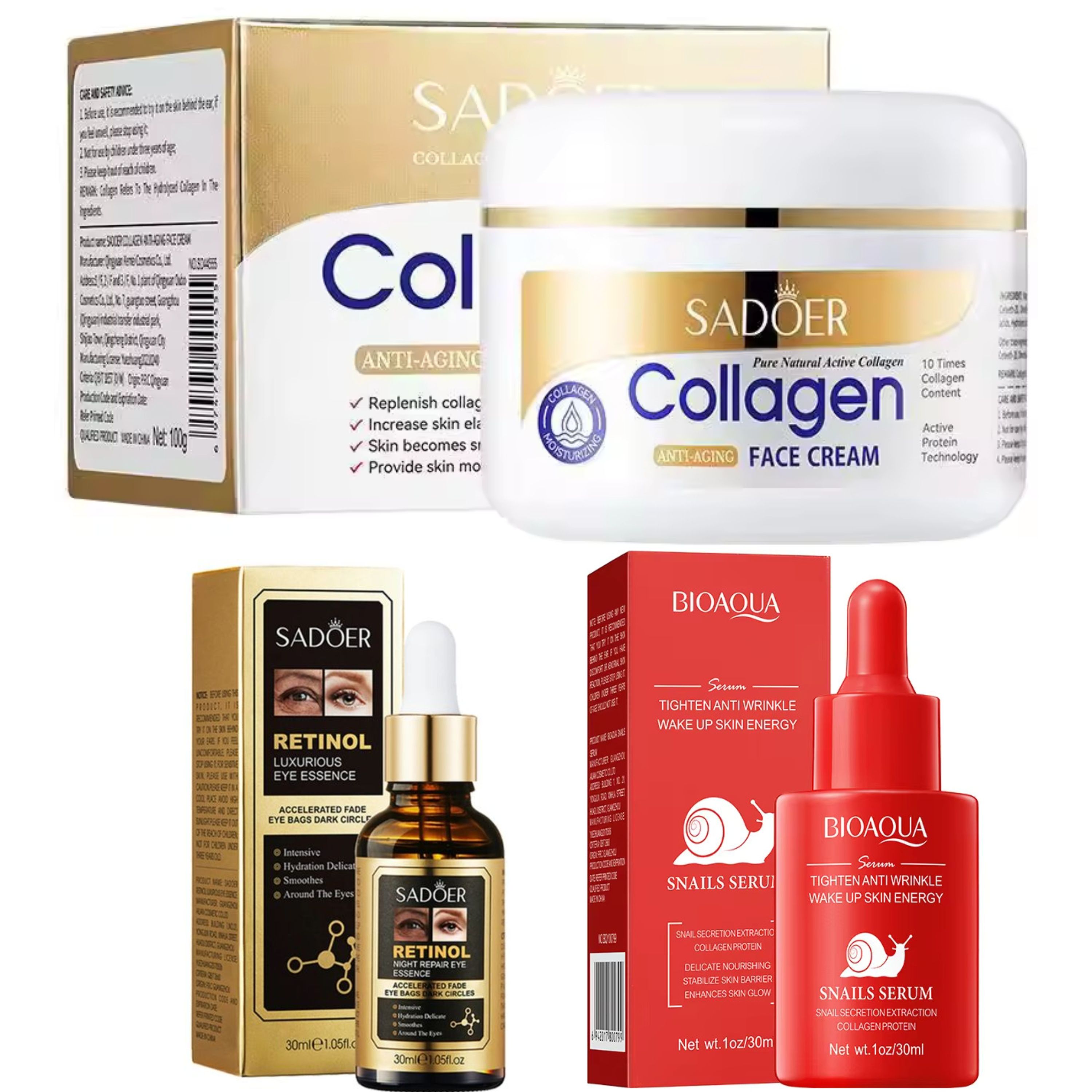 3 in 1, Snail Collagen Serum + Retinol Serum Eye Essence + Collagen Cream , Anti Aging, Moisturizer, Anti Wrinkles anti Eye Puffiness, Fade Eye Dark Circles and Eye Bags, Can use with  Vitamin C Serum