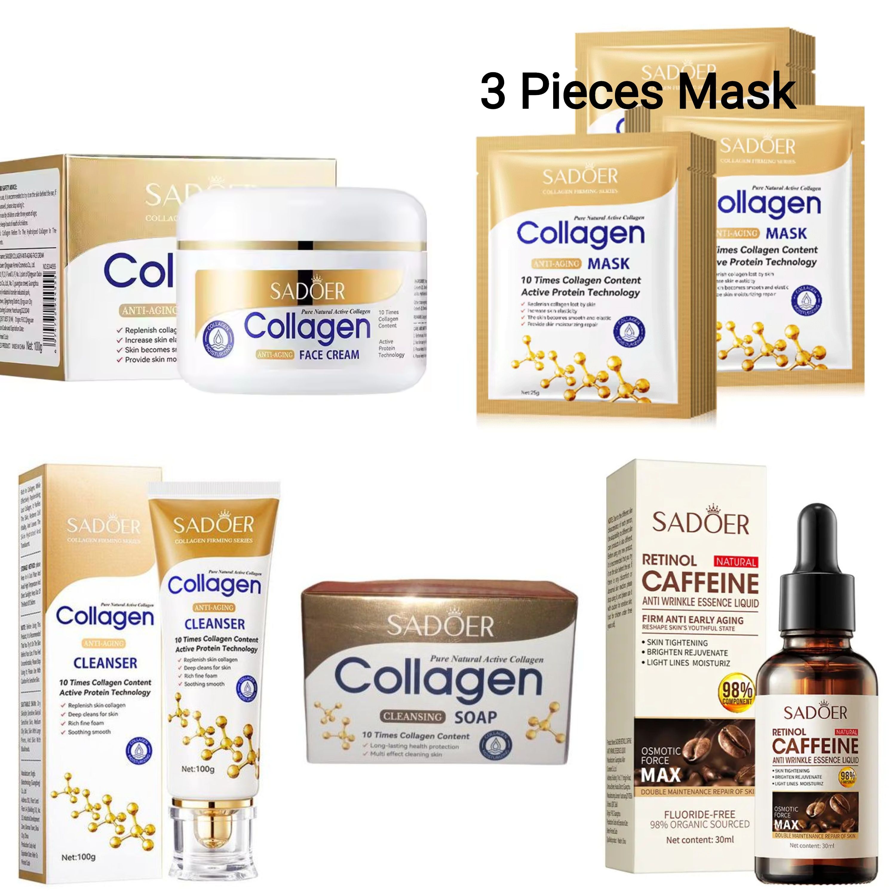 Sadoer Collagen 7 Pieces, Collagen Anti Aging Face Cleanser + Retinol Caffein Serum + Face Cream + Soap + 3 Face Mask, Can add Vitamin C, For Anti Wrinkle, Anti Aging, Moisturizing, Soothing,oothens