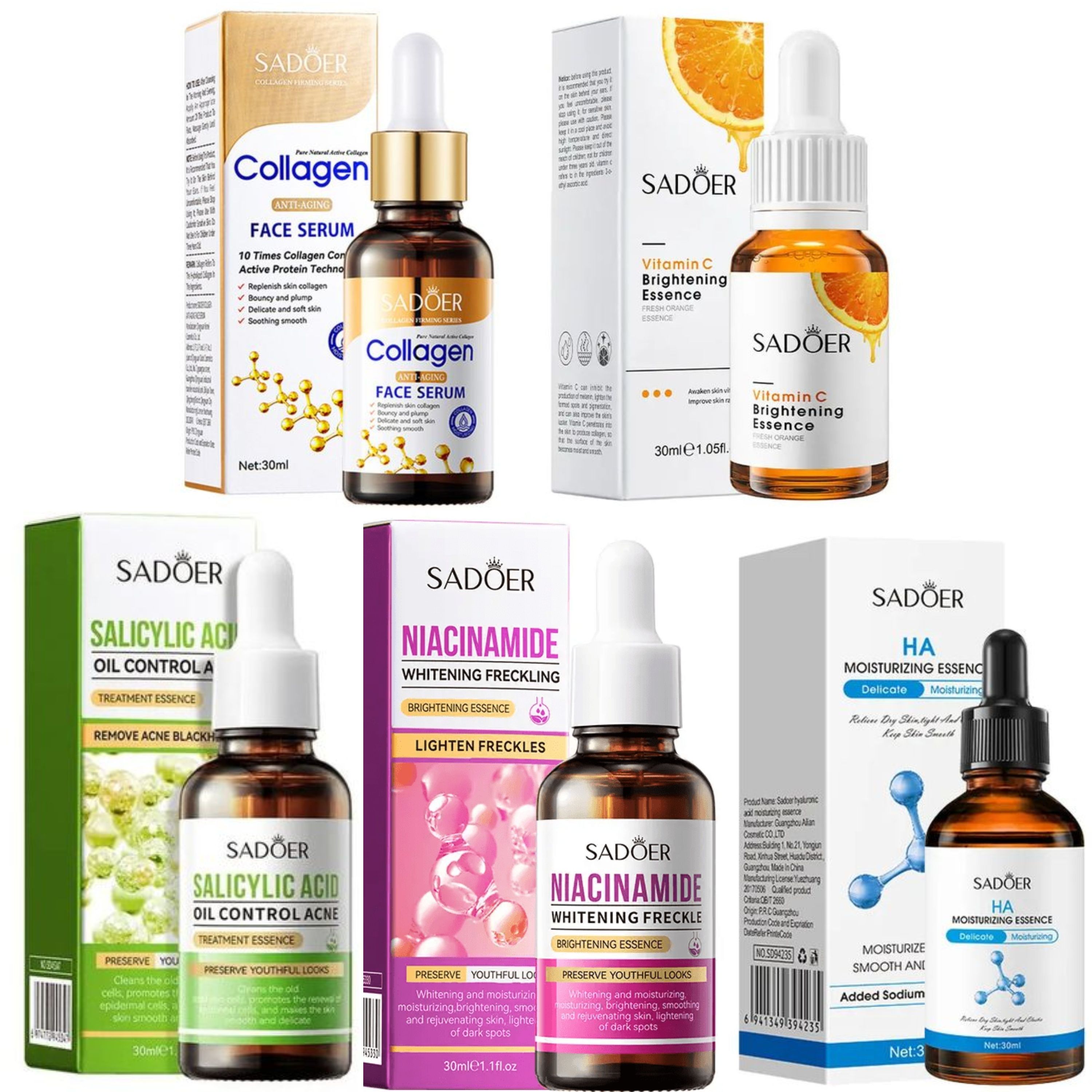 5 in 1, Collagen Ati-aging Serum + Vitamin C Face Brigfhtening  Essence, +Niacinamide  Brightening Essence+ Hyaluronic Acid Moisturizer + Salicylic acid Acne Treatment Essence, black heads remover