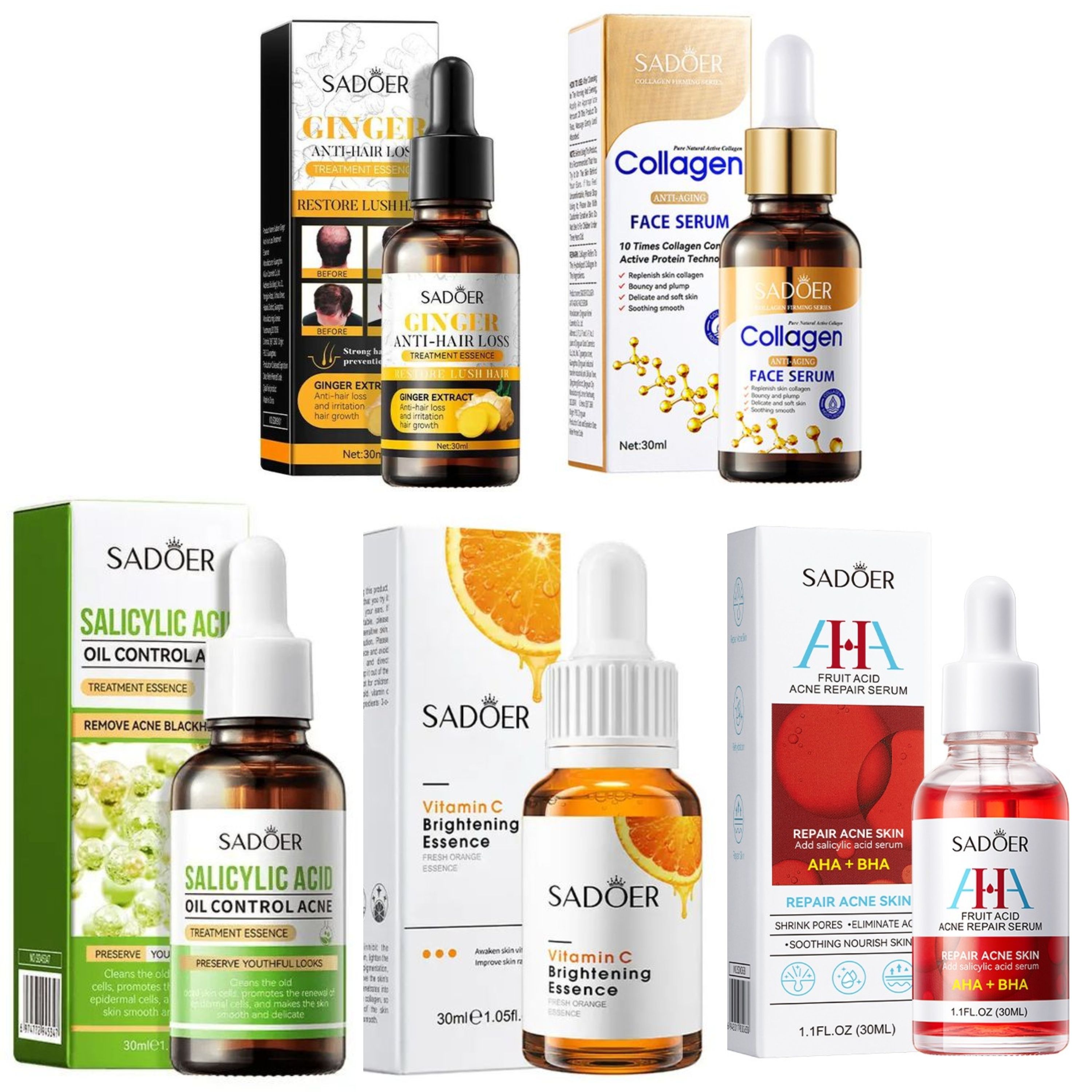 5 in 1, Serum, Collagen Serum + Vitamin C Serum  + Ginger Hair Growth ( Anti Hair  loss) + Salicylic Acid + AHA BHA Fruit Acid Acne Repair Serum, Face Brightening, Moisturizing, Anti Aging, Anti Wrink