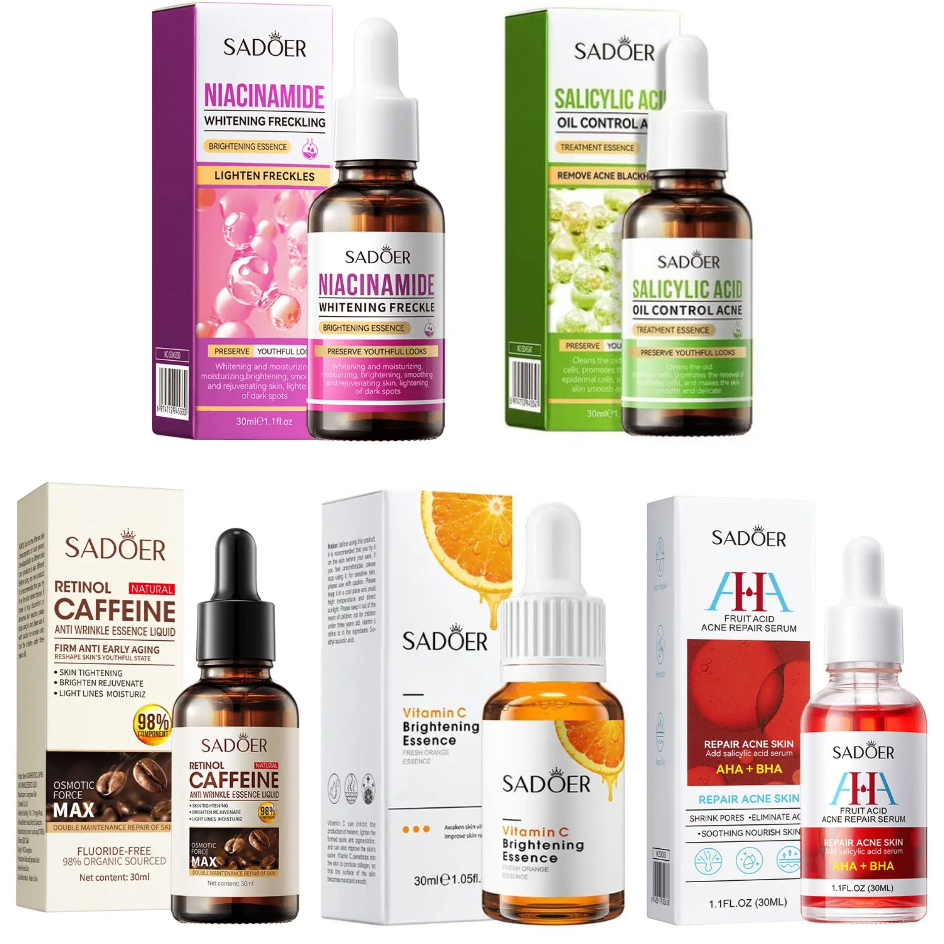 Sadoer 5  Pieces, Vitamin C Face Serum + AHA BHA Serum + Niacinamide Face Brightening + Retinol Caffeine Serum + Salicylic Acid  Serum  Oil Control, Face Brightening , Anti Aging, Anti Wrinkles