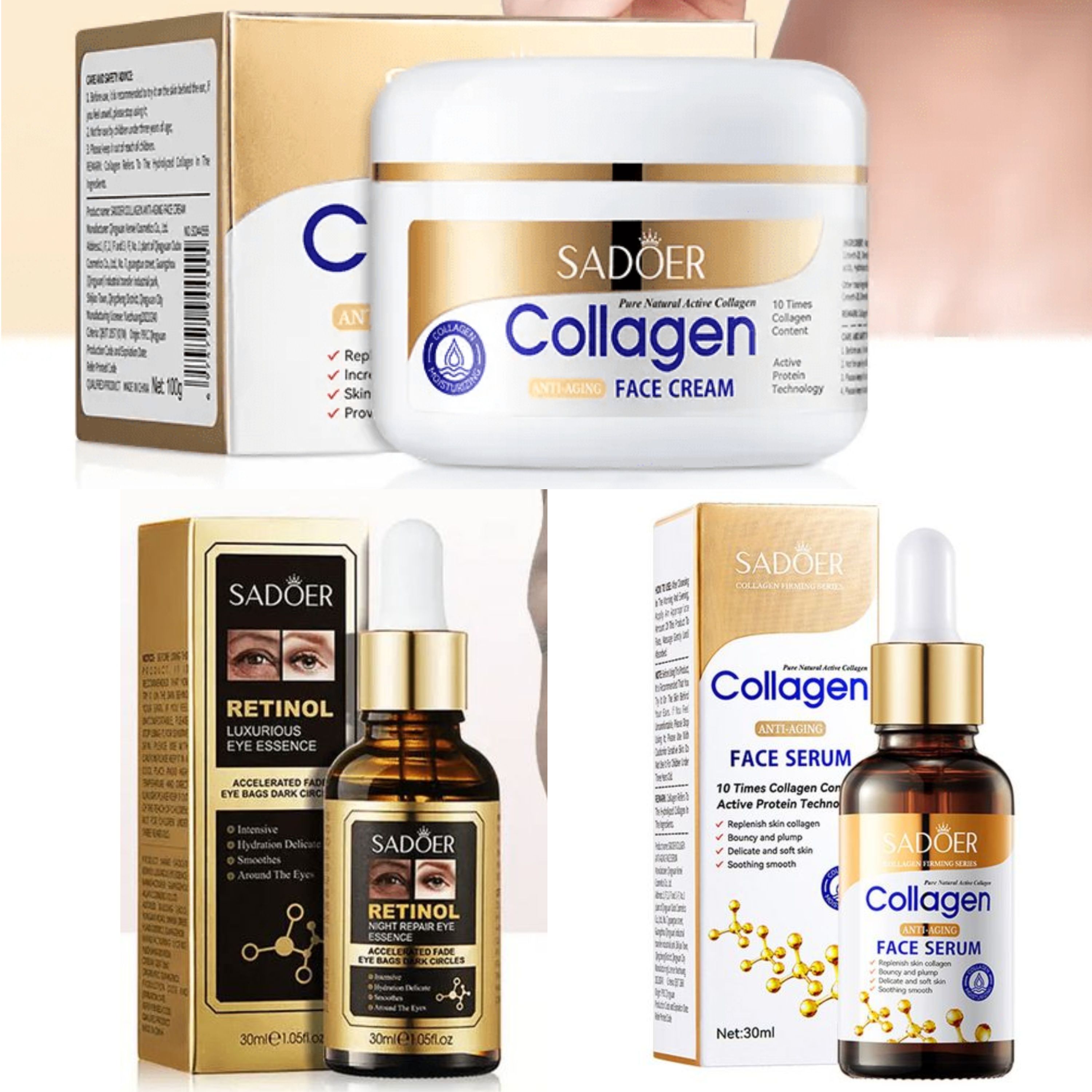 3 in 1, Collagen Serum + Retinol Serum Eye Essence + Collagen Cream , Anti Aging, Moisturizer, Anti Wrinkles anti Eye Puffiness, Fade Eye Dark Circles and Eye Bags, Can use with  Vitamin C Serum