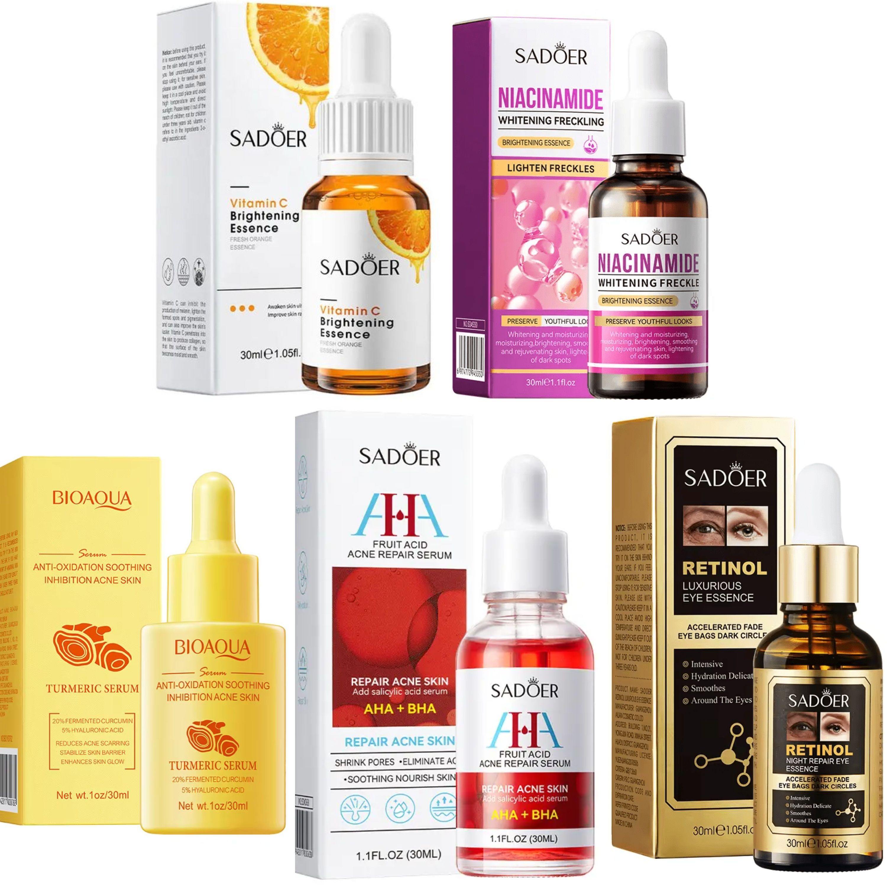 5 Pieces Serum, Retinol Eye Bags Serum + Vitamin C Face Brightening + Niacinamide  Serum Brightening + Fruit Acid AHA BHA Serum + Tumeric Serum Anti Oxidation Turmeric Serum, For Anti Aging, Moistur