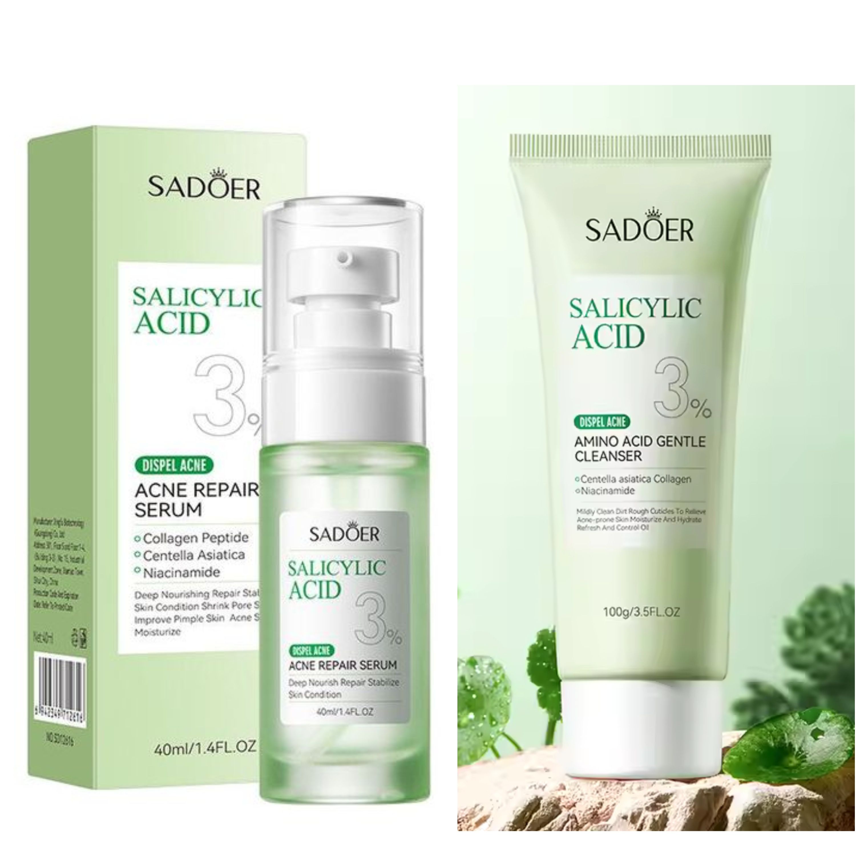 SADOER 2 in 1 Set, Acne Repair Cleanser  + Serum with 3% Salicylic Acid Collagen Peptide and Niacinamide, Centella Asiatica and Niacinamide, Can add Vitamin C,Remove Acne, Moisturize, Soothing