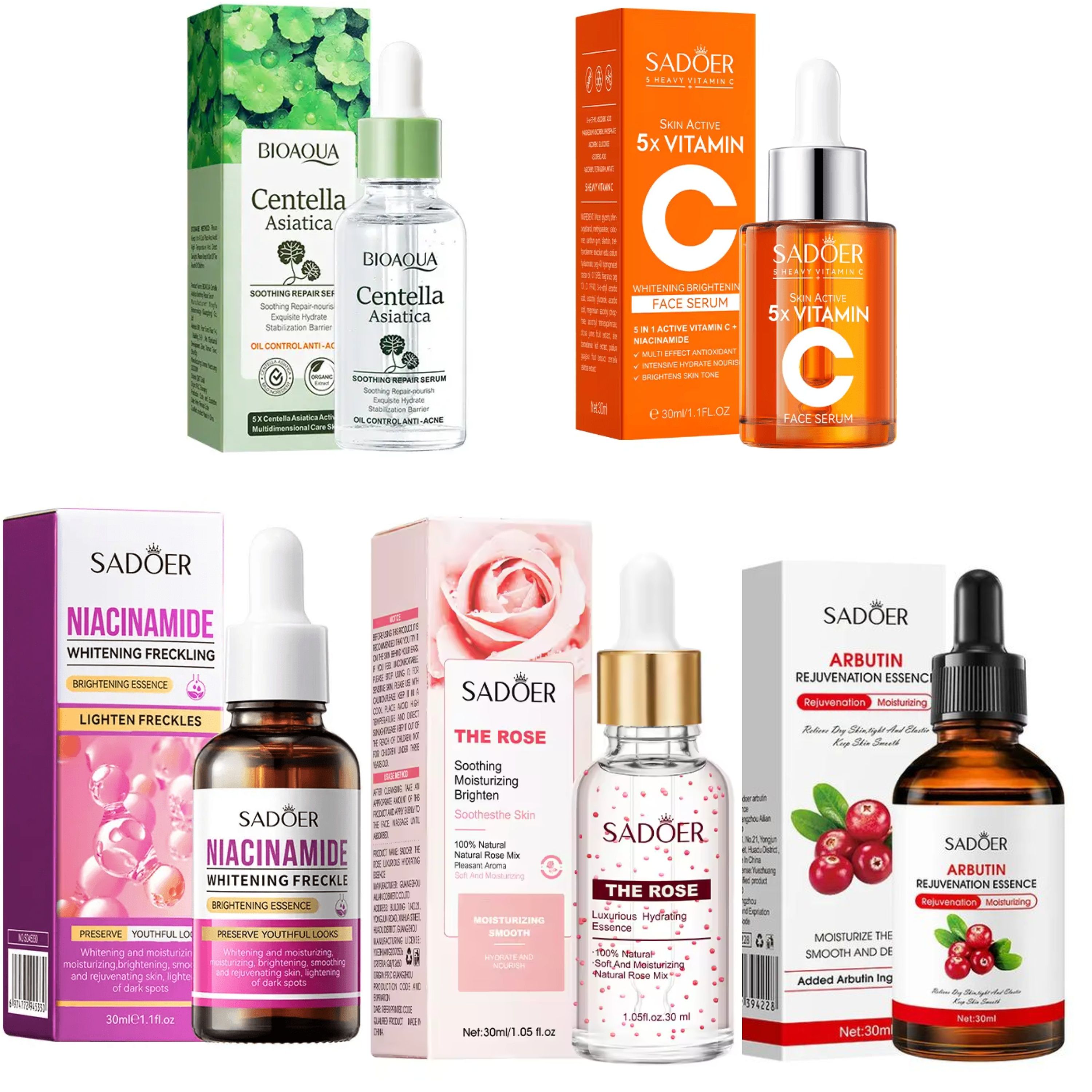 5 Pieces Set, Centella Astica Anti Acnes + Vitamin C Face Serum Revitalizing + Niacinamide Face Brightening  + Rose Water Moisturizer + Arbutin Rejuvenating Essence Brightening, Moisturizing