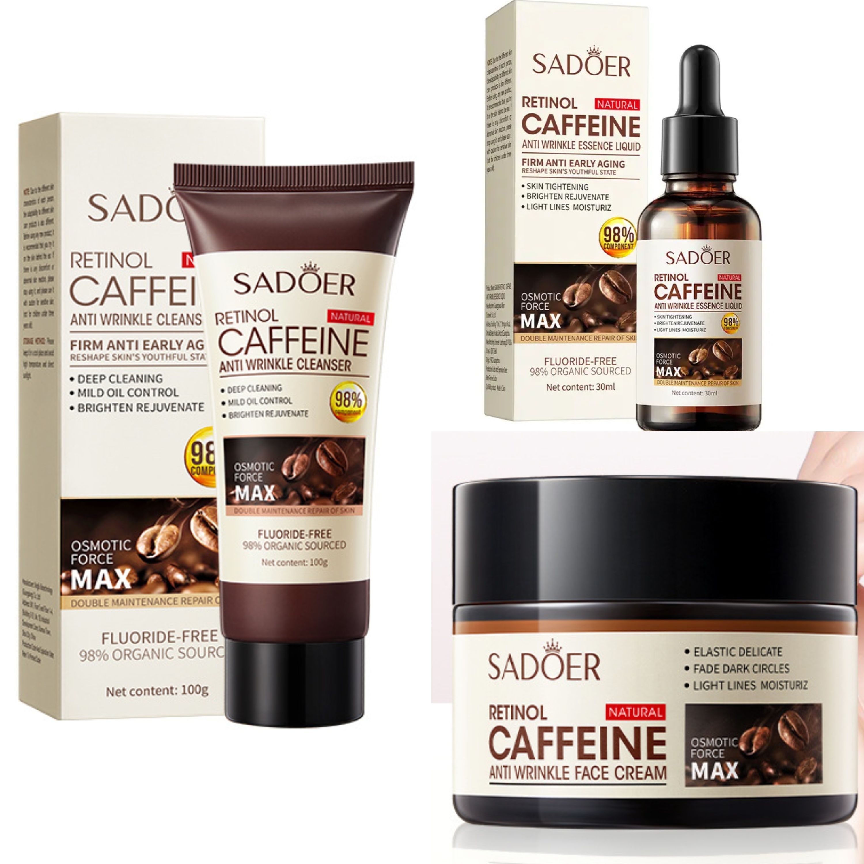 Sadoer 3 in 1, Retinol Caffeine Face Cream + Face Serum + Cleanser, Like Vitamin C, Offers Anti Wrinkles, Skin Rejuvenation, Moisturizing, Firming, Increase Skin Elasticity