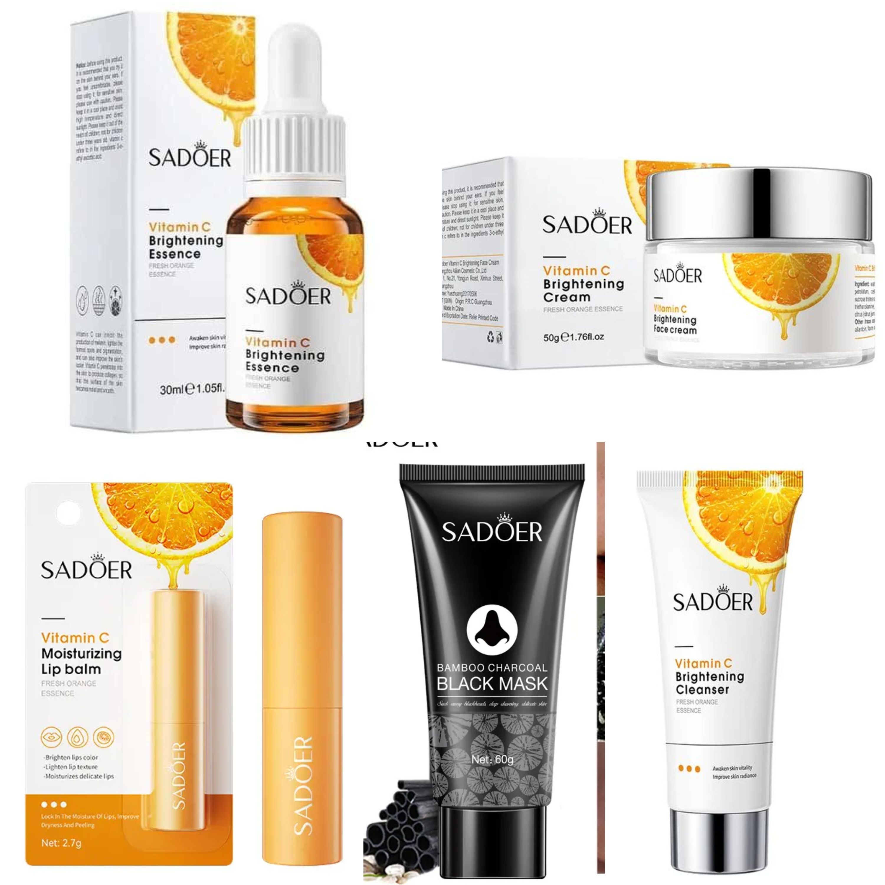SADOER 5 Pieces, Vitamin C Serum + Vitamin C Cleanser Foaming + Vitamin C Moisturizing Lip Balm + Charcoal Mask Peel off + Vitamin C Cream, for Brightening, Remove Black Heads, Lips Brightening,