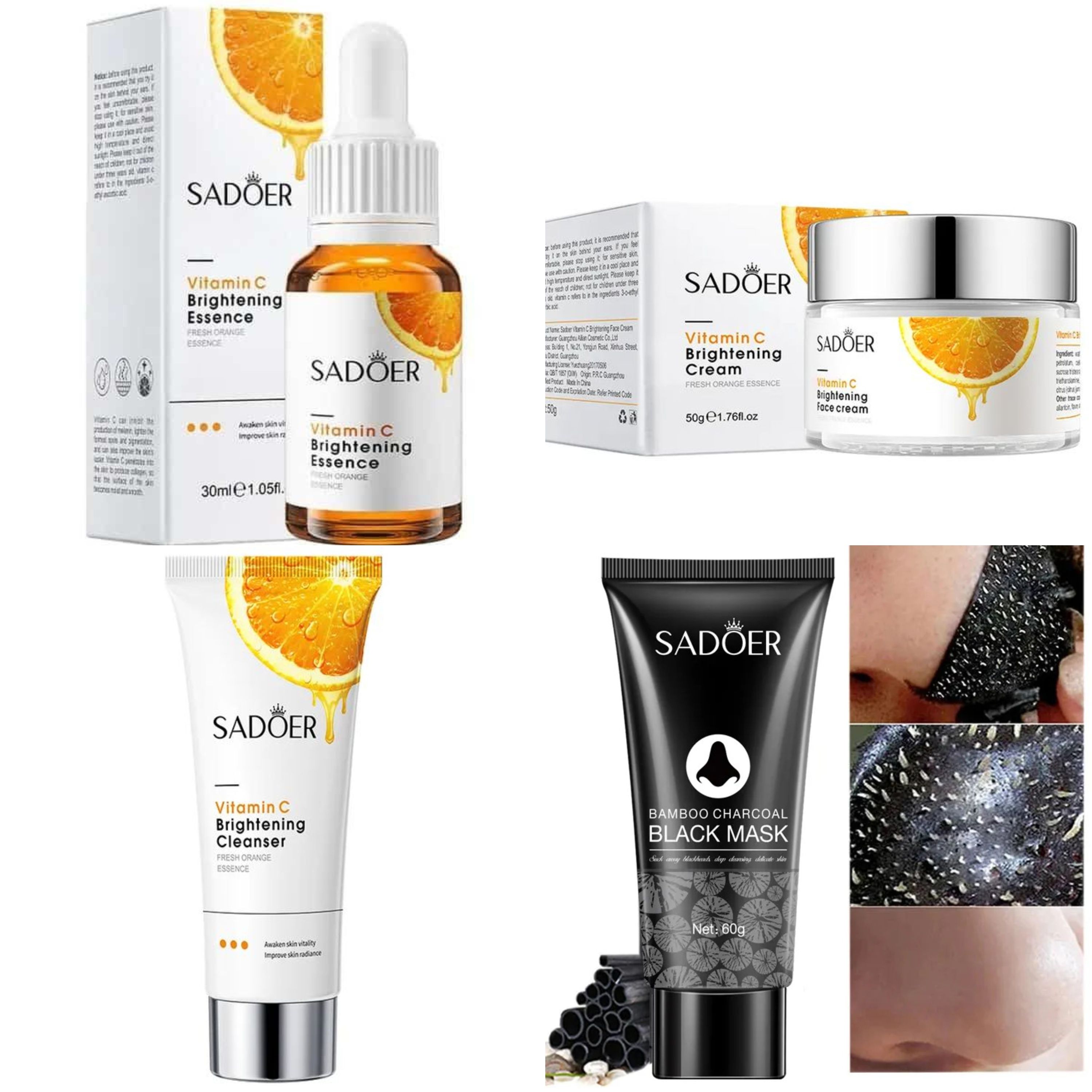 SADOER 4 Pieces Set, Vitamin C Serum + Vitamin C Face Cream+ Black Heads Peeling Mask + Face Wash for Face Brightening, Moisturizing and Black Heads Removal, Smoothing, Remove Blackheads and Whitehead