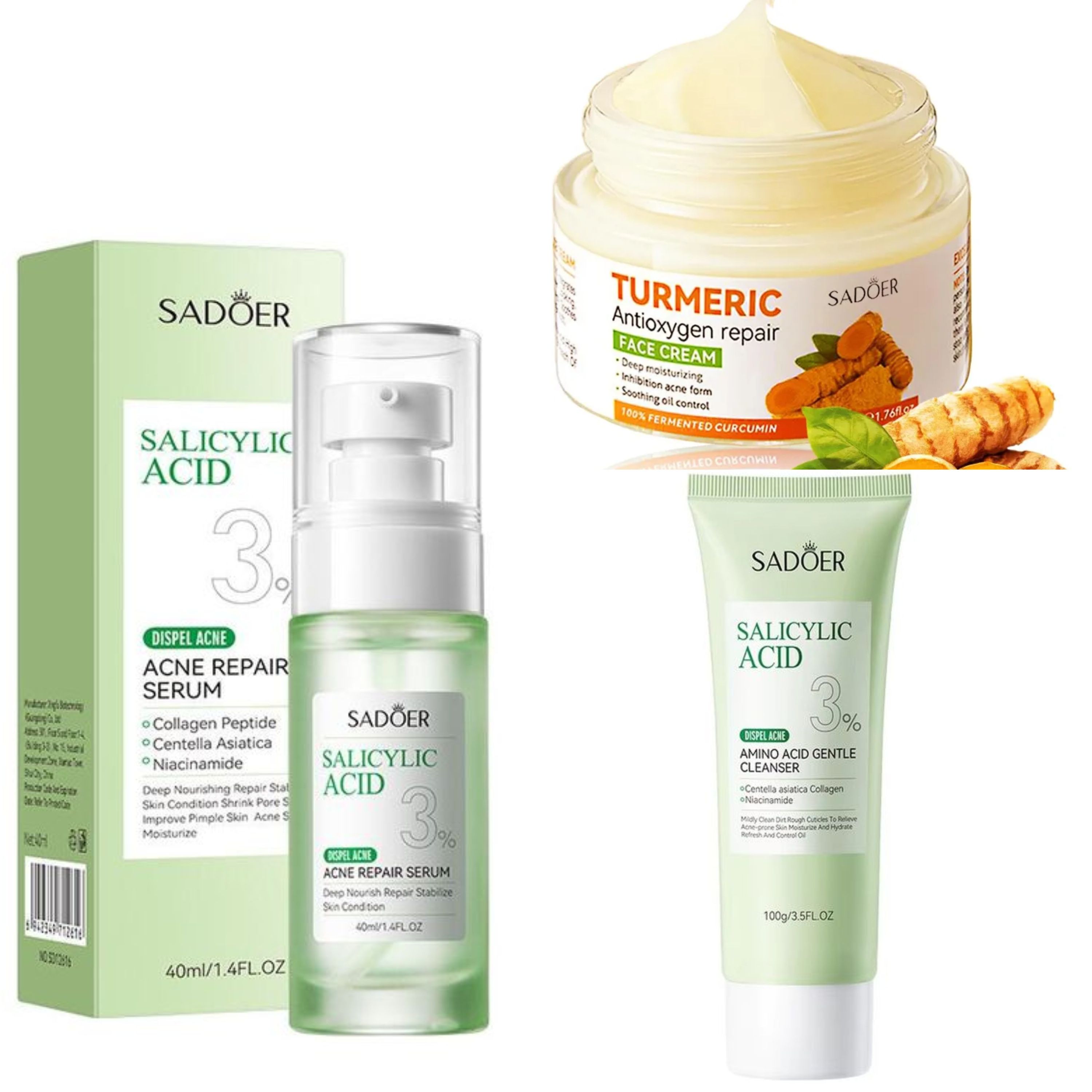 SADOER 3 in 1 Acne Repair Set of Serum + Turmeric Cream + Cleanser with 3% Salicylic Acid Collagen Peptide and Niacinamide, Centella Asiatica & Niacinamide, Can add Vitamin C,Remove Acne, Moisturize