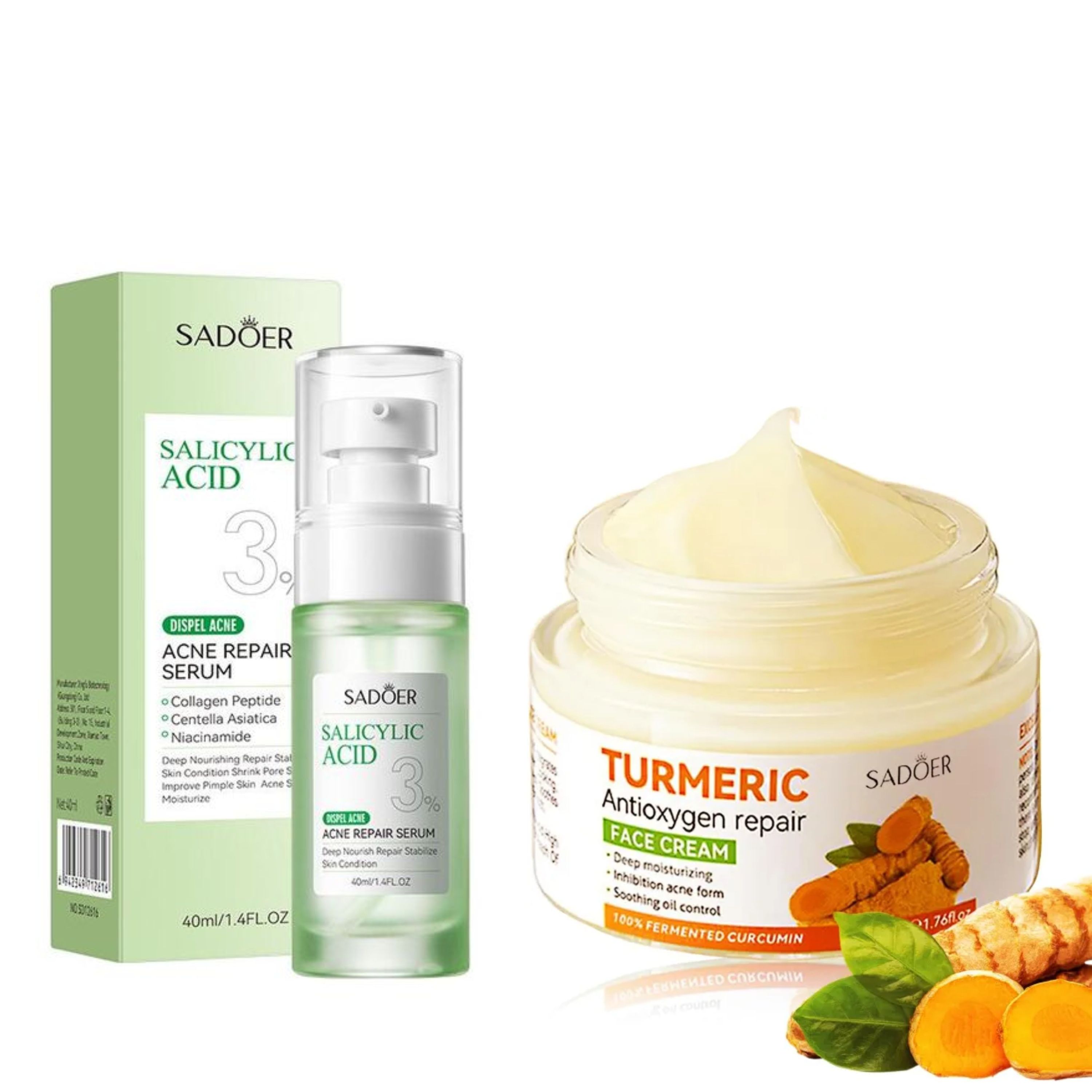 SADOER 2 in 1 Set, Acne Repair Serum with 3% Salicylic Acid Collagen Peptide and Niacinamide, Centella Asiatica + Turmeric Cream Anti-oxygen Tumeric, Can add Vitamin C,Remove Acne, Moisturize, Soothin