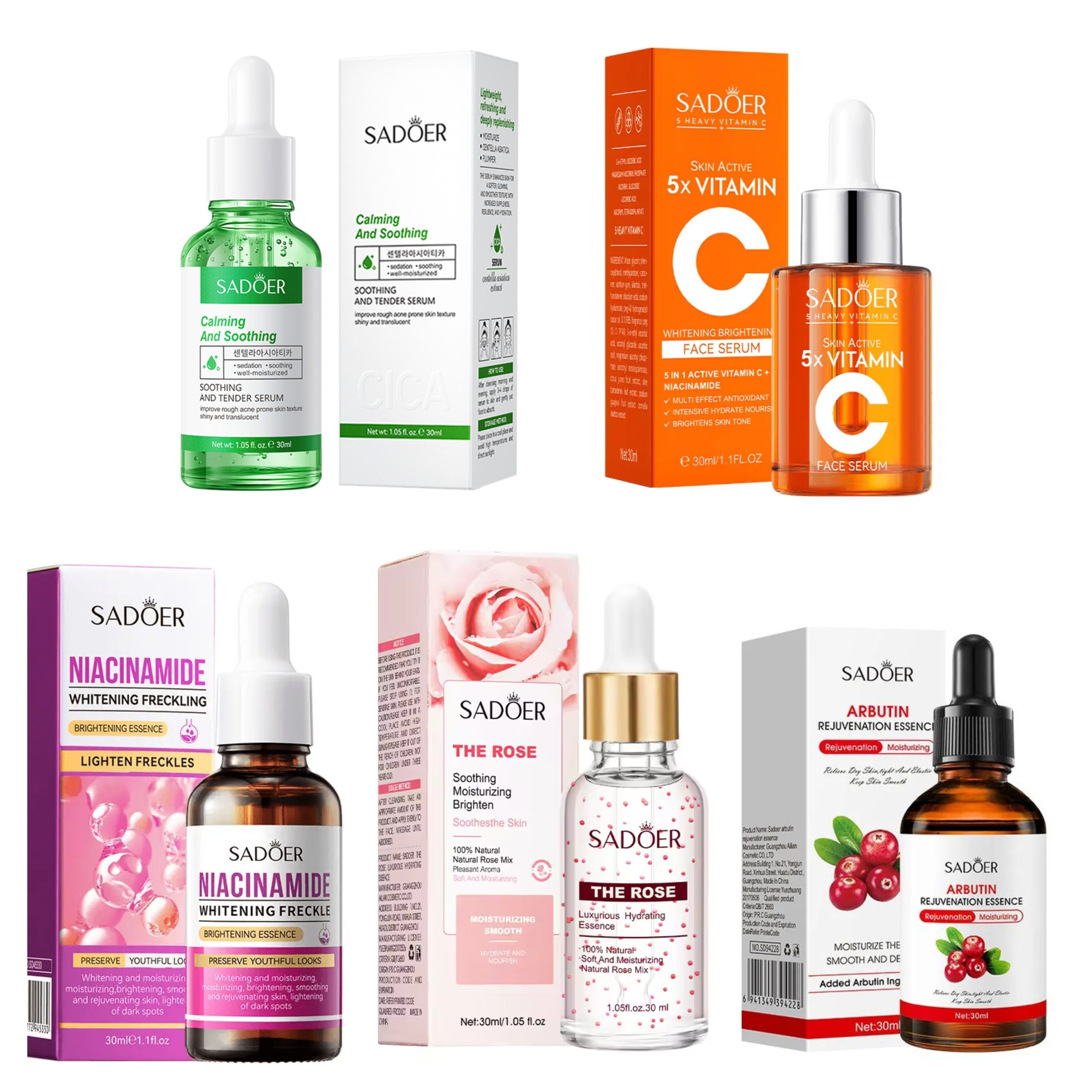 5 Pieces Set, Centella Astica Anti Acnes + Vitamin C Face Serum Revitalizing + Niacinamide Face Brightening  + Rose Water Moisturizer + Arbutin Rejuvenating Essence Brightening, Moisturizing