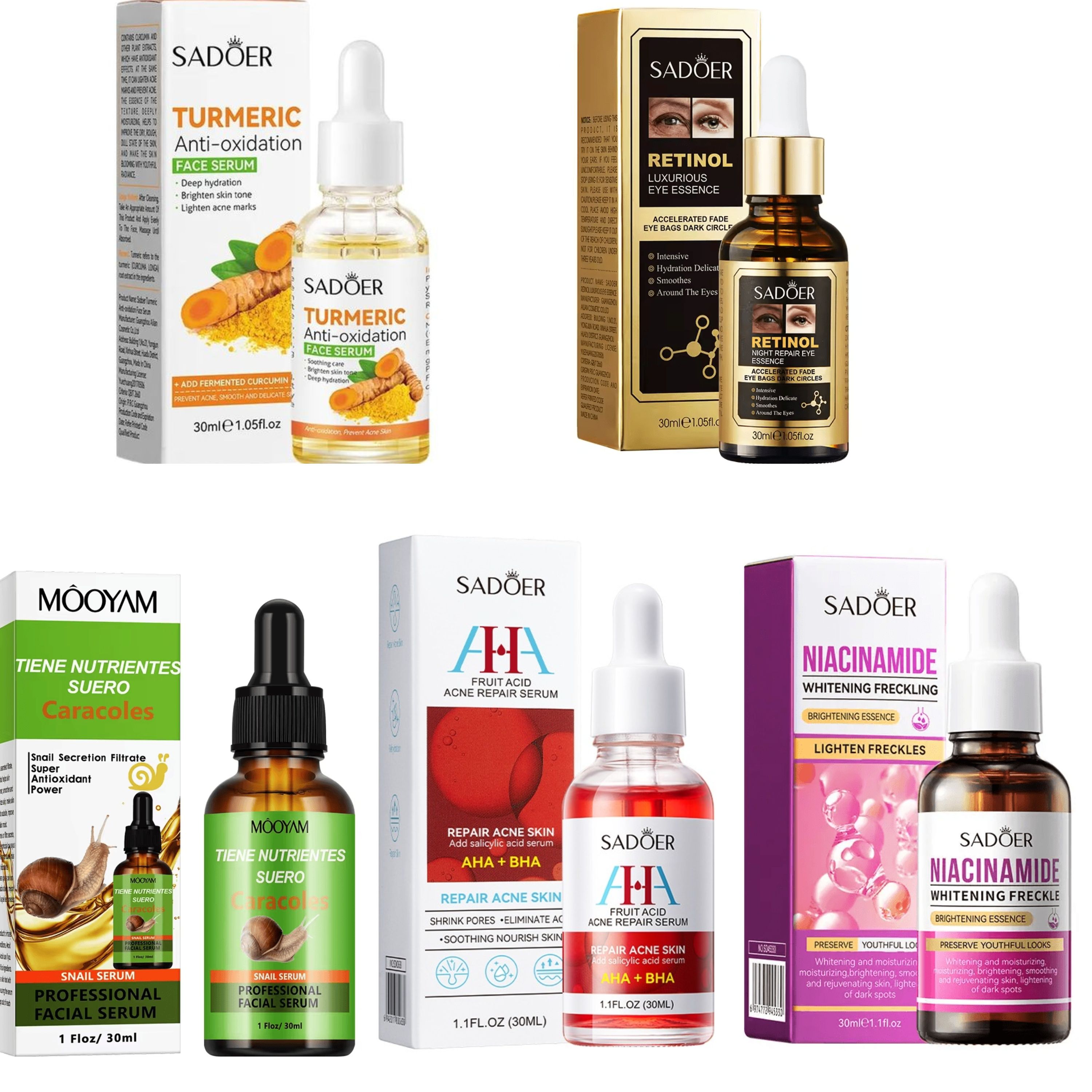5 in 1 Face Serums Combo, Eye Retinol Serum + Turmeric Anti  Acne Serum Like Vitamin C + AHA BHA  Fruit Acid Essence + Snail Serum + Niacinamide Face Serum Fade Dark Spots, Anti Acne, Moisturize