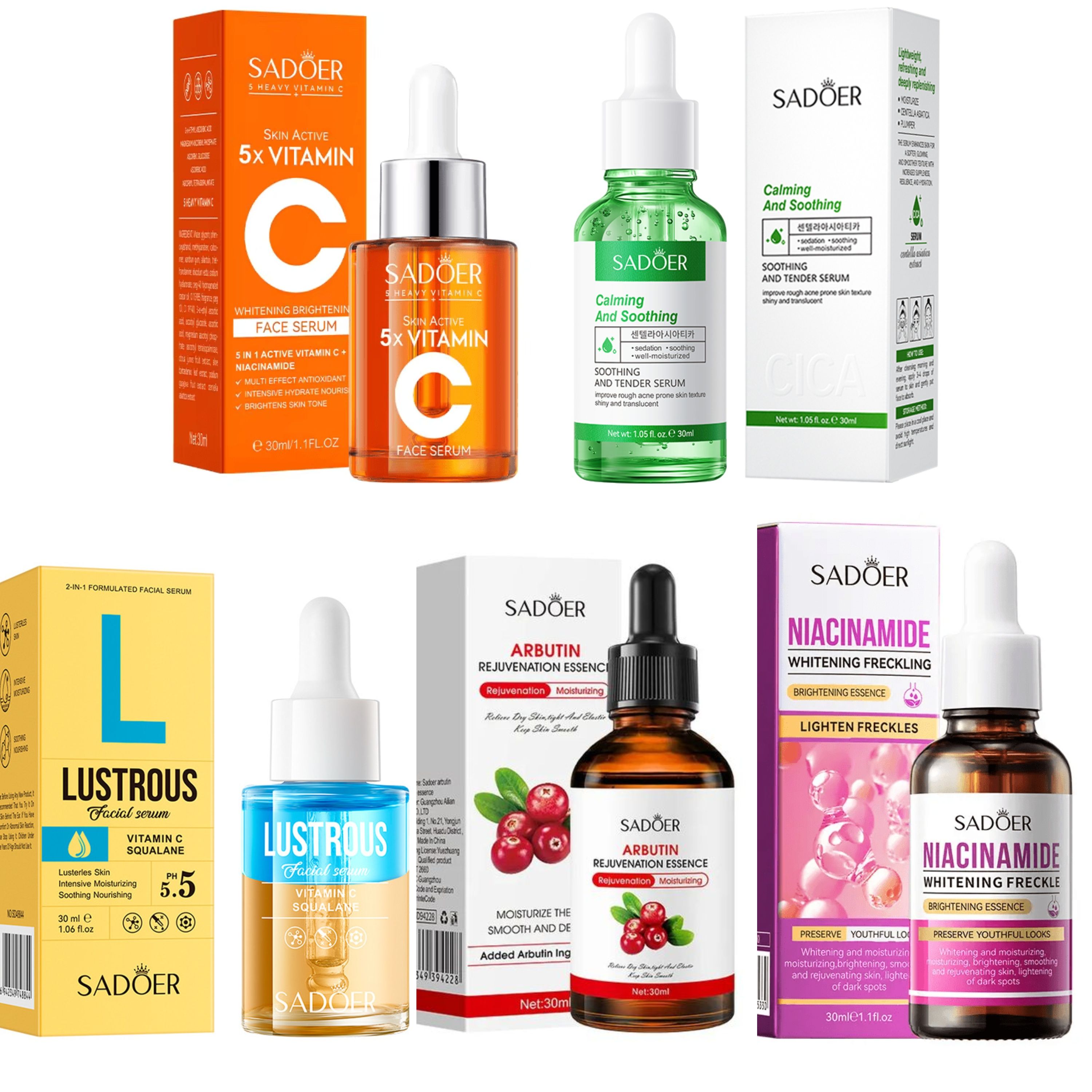 5 Pieces Set, Centella Astica Anti Acnes + Vitamin C Face Serum Revitalizing + Niacinamide Face Brightening  + Lustrous Face Serum + Arbutin Rejuvenating Essence Brightening, Moisturizing