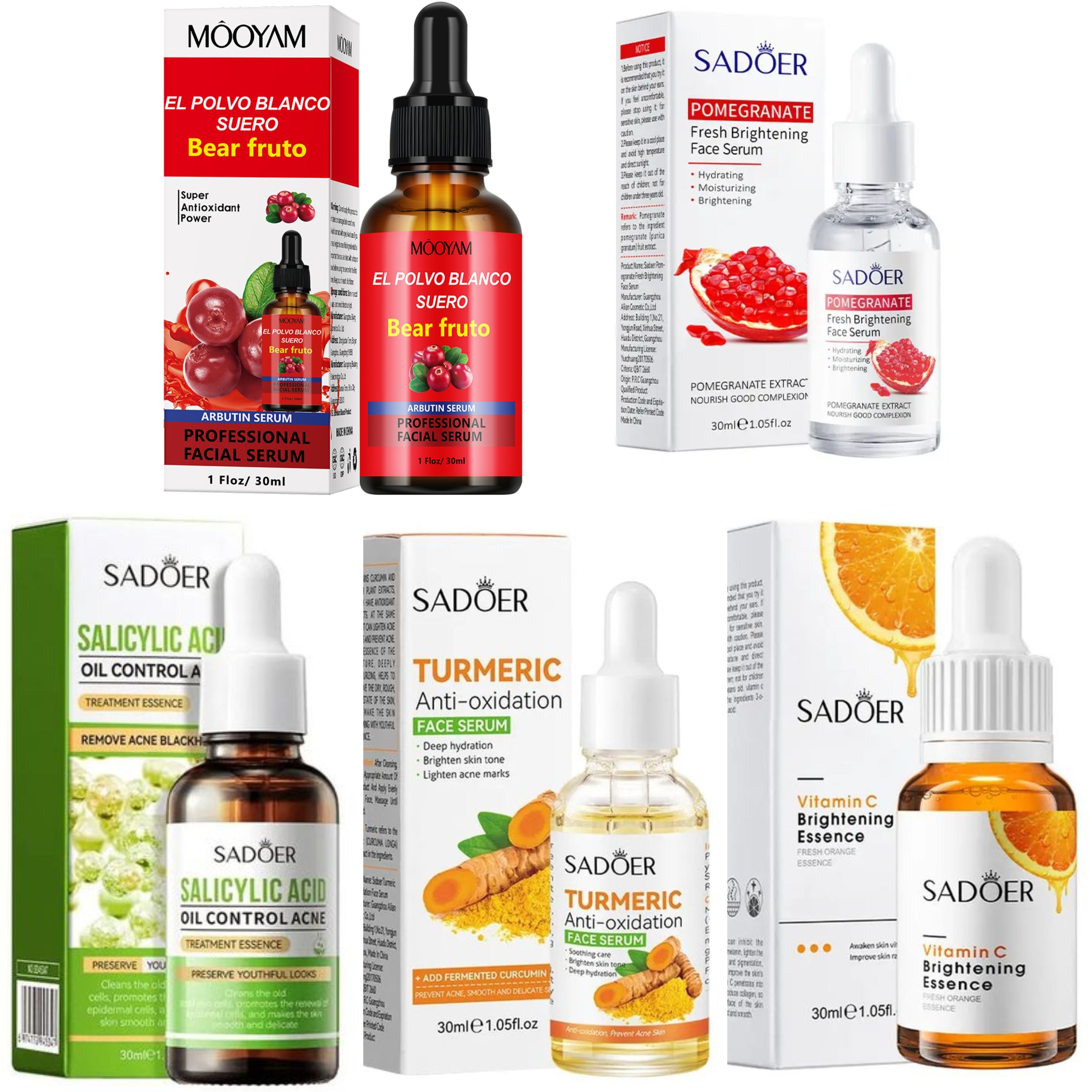 Sadoer 5 in 1 Pack, Pomegranate Serum + Vitamin C Serum + Salicylic Acid Acne Serum + Turmeric  Serum Tumeric + Arbutin Serum Super Antioxidant The set gives Moisturized Skin, Eliminate Acne,