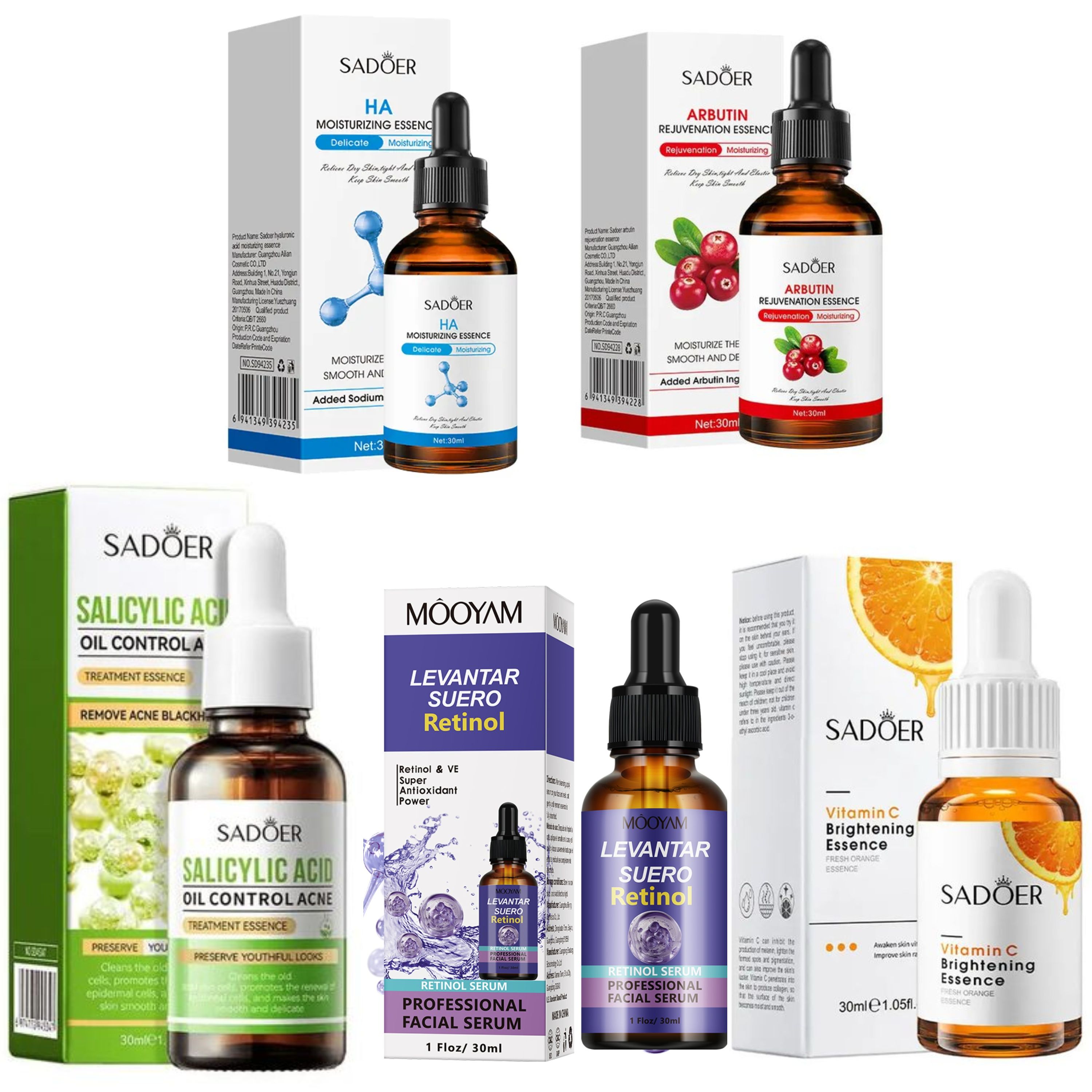 5 Pieces,  Salicylic Acid Acne Essence + Mooyam Retinol Firming Serum+ Vitamin C Face Brightening  + Hyaluronic Acid + Arbutin Rejuvenating  Essence, Skin Brightening, Moisturizing, Anti Wrinkles,