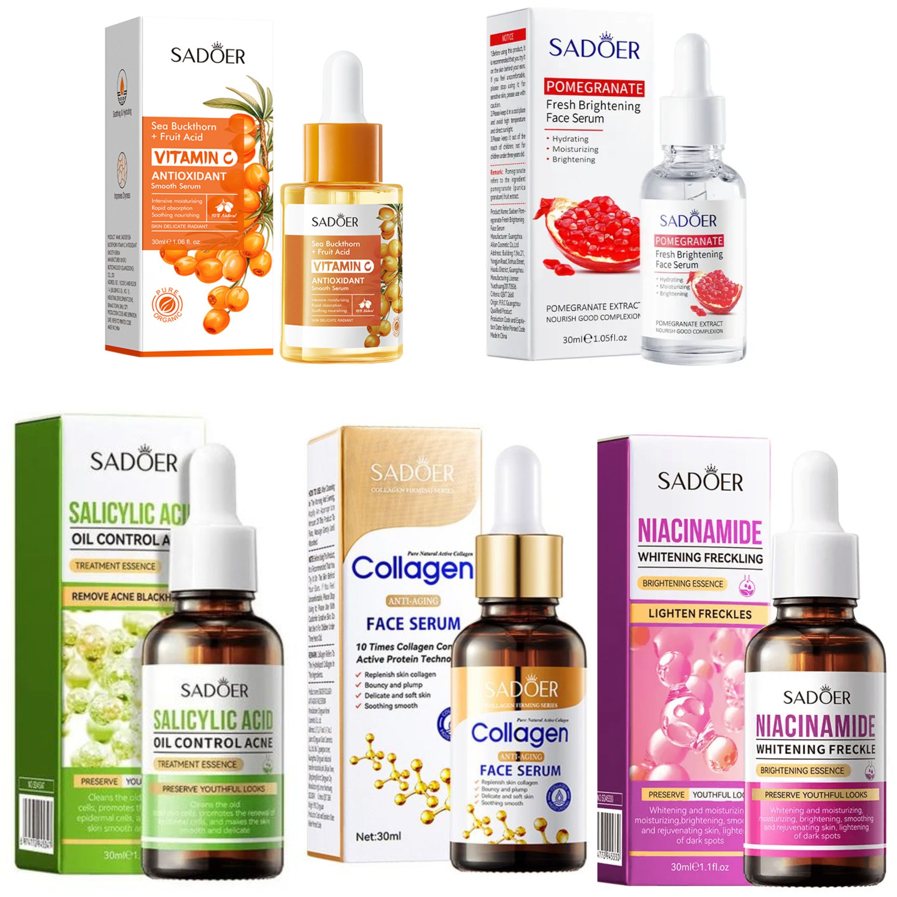 5 in 1, Salicylic Acid Acne Treatment Essence + Sea Buckthorn Vitamin C Serum + Pomegranate Face Brightening+  Anti Aging Collagen + Nioacinamide Serum, Anti Acnes, Pimples, Moisturize Skin, S