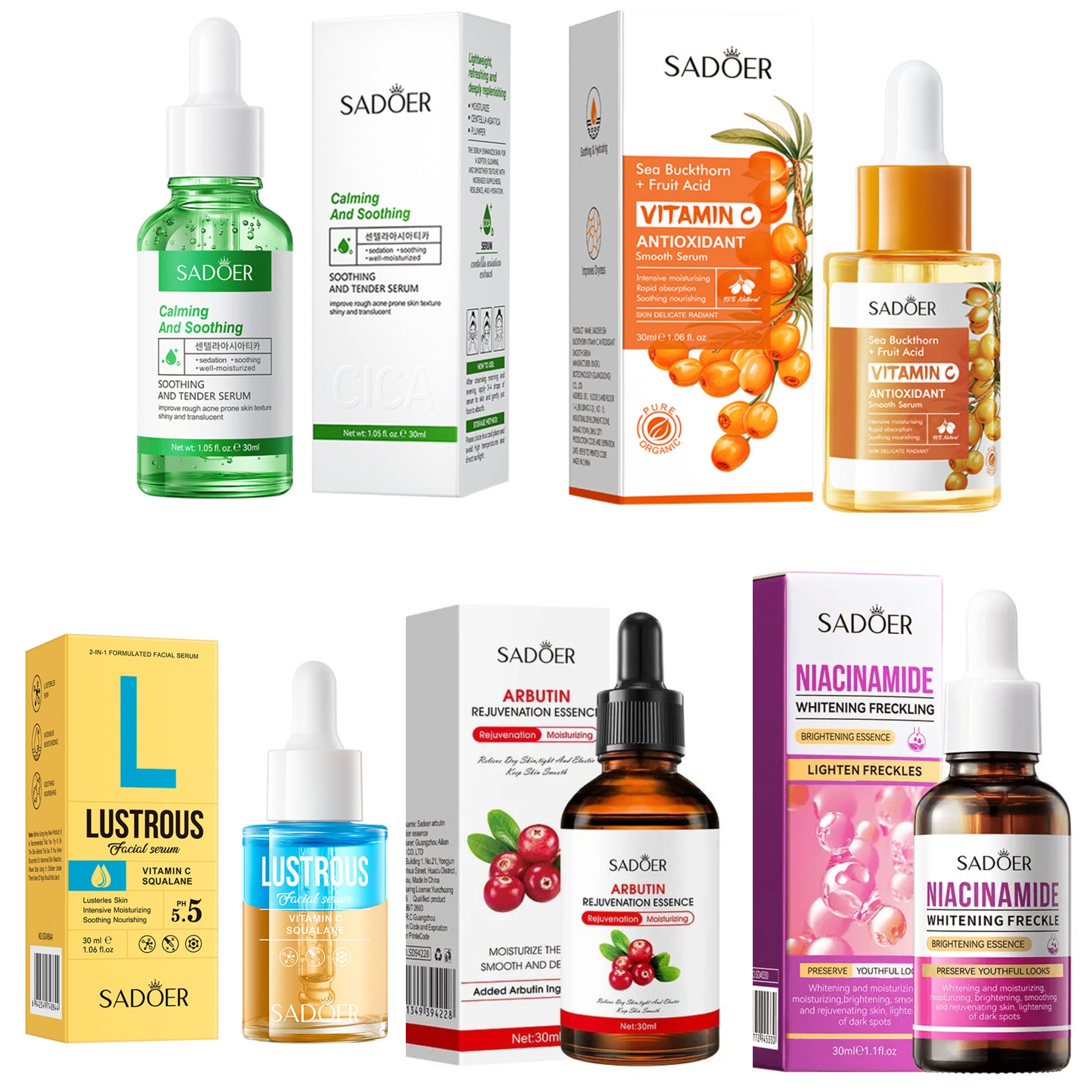 5 Pieces Set, Centella Astica Anti Acnes + Sea Buckthorn Vitamin C Face Serum  + Niacinamide Face Brightening  + Lustrous Face Serum + Arbutin Rejuvenating Essence Brightening, Moisturizing
