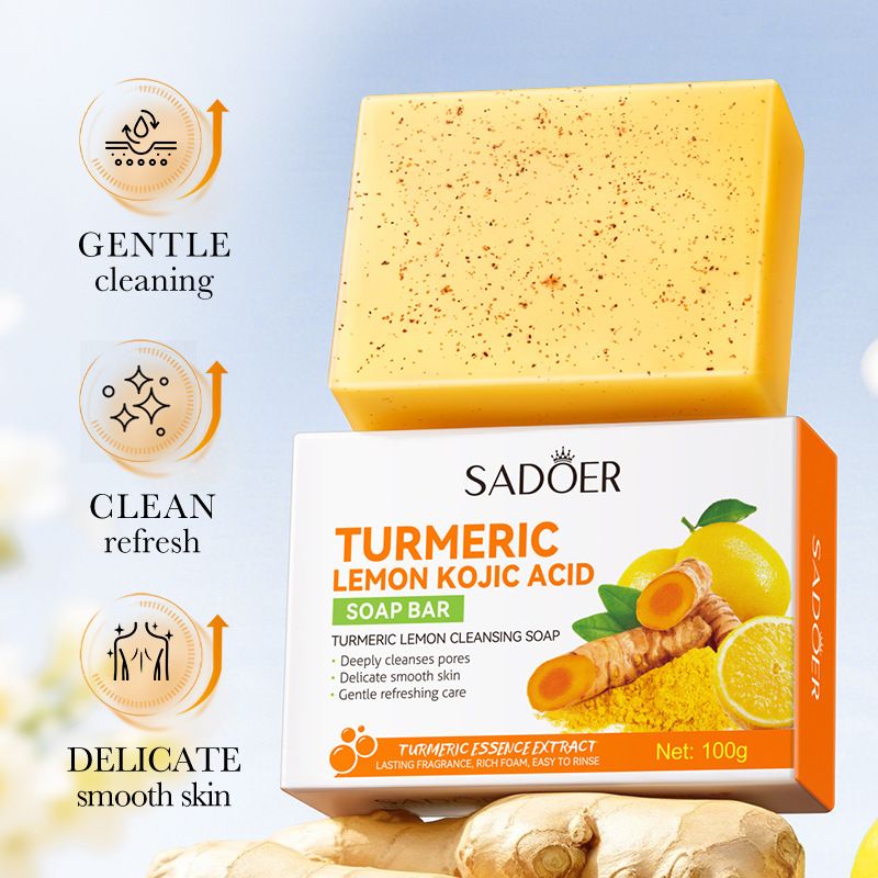 Sadoer Turmeric Lemon Kojic Acid Soap Bar, Turmeric Soap, Lemon Soap For Deep Cleansing of Dirt, Oil, Improves Dull and rough Skin for a Beautiful Fair Skin Like Vitamin C,wih Kojic Acid and Ceramide