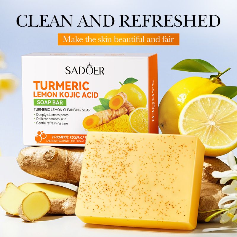 Sadoer Turmeric Lemon Kojic Acid Soap Bar, Turmeric Soap, Lemon Soap For Deep Cleansing of Dirt, Oil, Improves Dull and rough Skin for a Beautiful Fair Skin Like Vitamin C,wih Kojic Acid and Ceramide