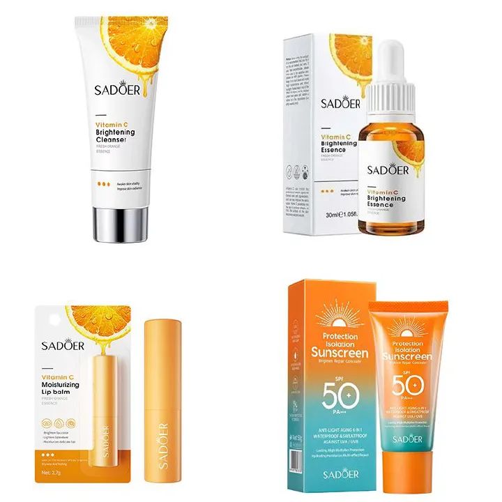 Sadoer 4 in 1 Vitamin C Skincare Set – Vitamin C Cleanser + Vitamin C Essence + Vitamin C Lip Balm + SPF50 Sunscreen  Face Brightening, Dark Spot Removal, Hydration, UV Protection & Anti-Aging