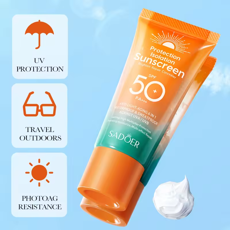 Sadoer 4 in 1 Vitamin C Skincare Set – Vitamin C Cleanser + Vitamin C Essence + Vitamin C Lip Balm + SPF50 Sunscreen  Face Brightening, Dark Spot Removal, Hydration, UV Protection & Anti-Aging