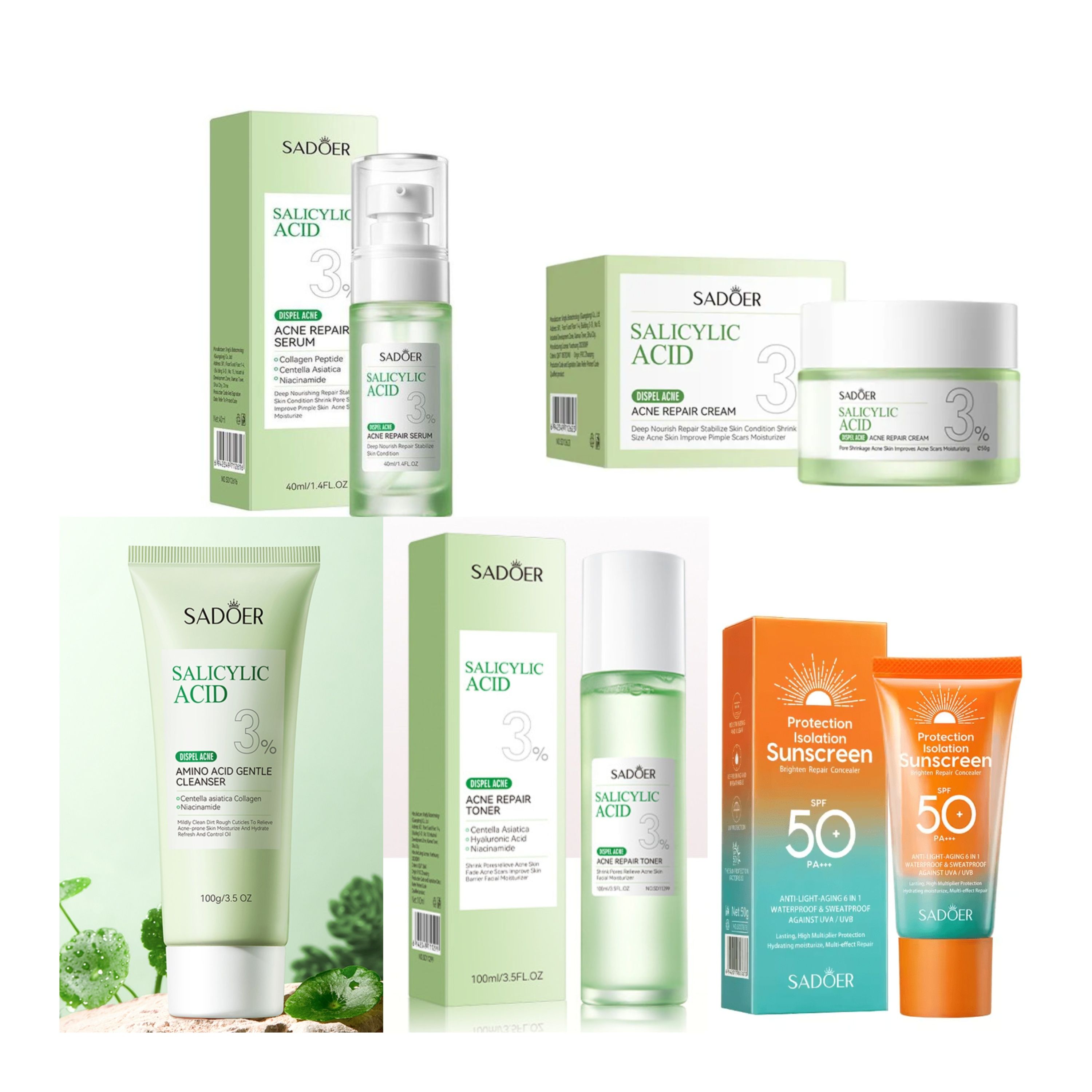 Sadoer 5 in 1 Set, 3% Salicylic Acid Acne Repair Toner + Amino Acid Gentle Cleanser + Acne Repair Cream + Acne Repair Serum + Sunscreen SPF 50, (Complements Vitamin C), Acne Repair, Soothing, Repair
