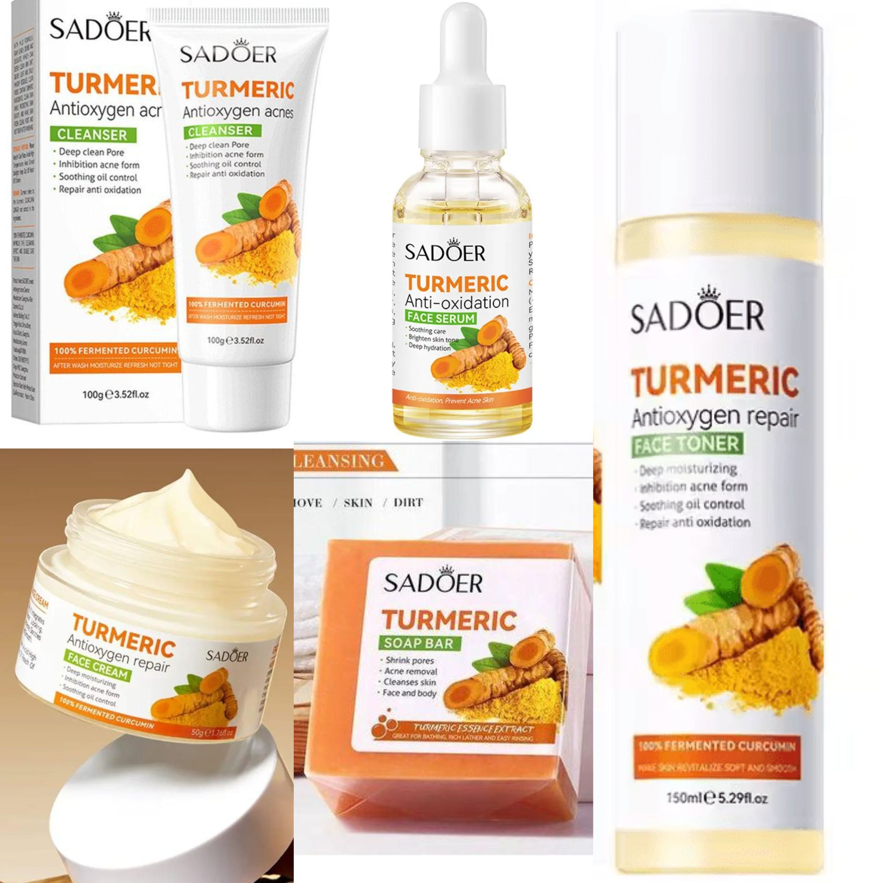 5 in 1 Sadoer Turmeric Set, Tumeric Cleanser + Face Serum +Face Toner + Face Cream + Tumeric Soap, with unparelled Vitamin C capabilities, Helps in Preven Acne, Sooth, Hydrate, Lighjten Acne Marks