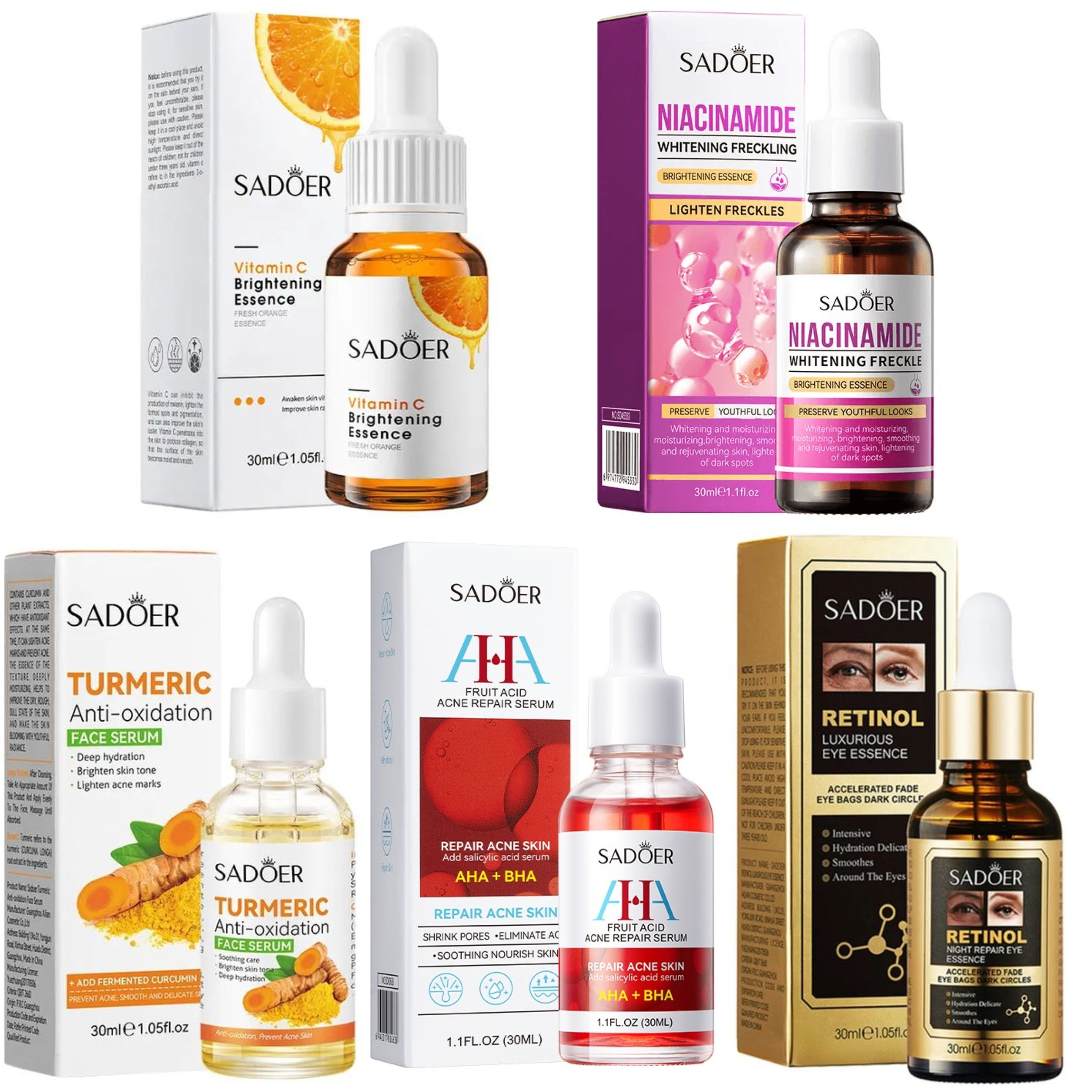 5 Pieces Serum, Retinol Eye Bags Serum + Vitamin C Face Brightening + Niacinamide  Serum Brightening + Fruit Acid AHA BHA Serum + Tumeric Serum Anti Oxidation Turmeric Serum, For Anti Aging, Moistur