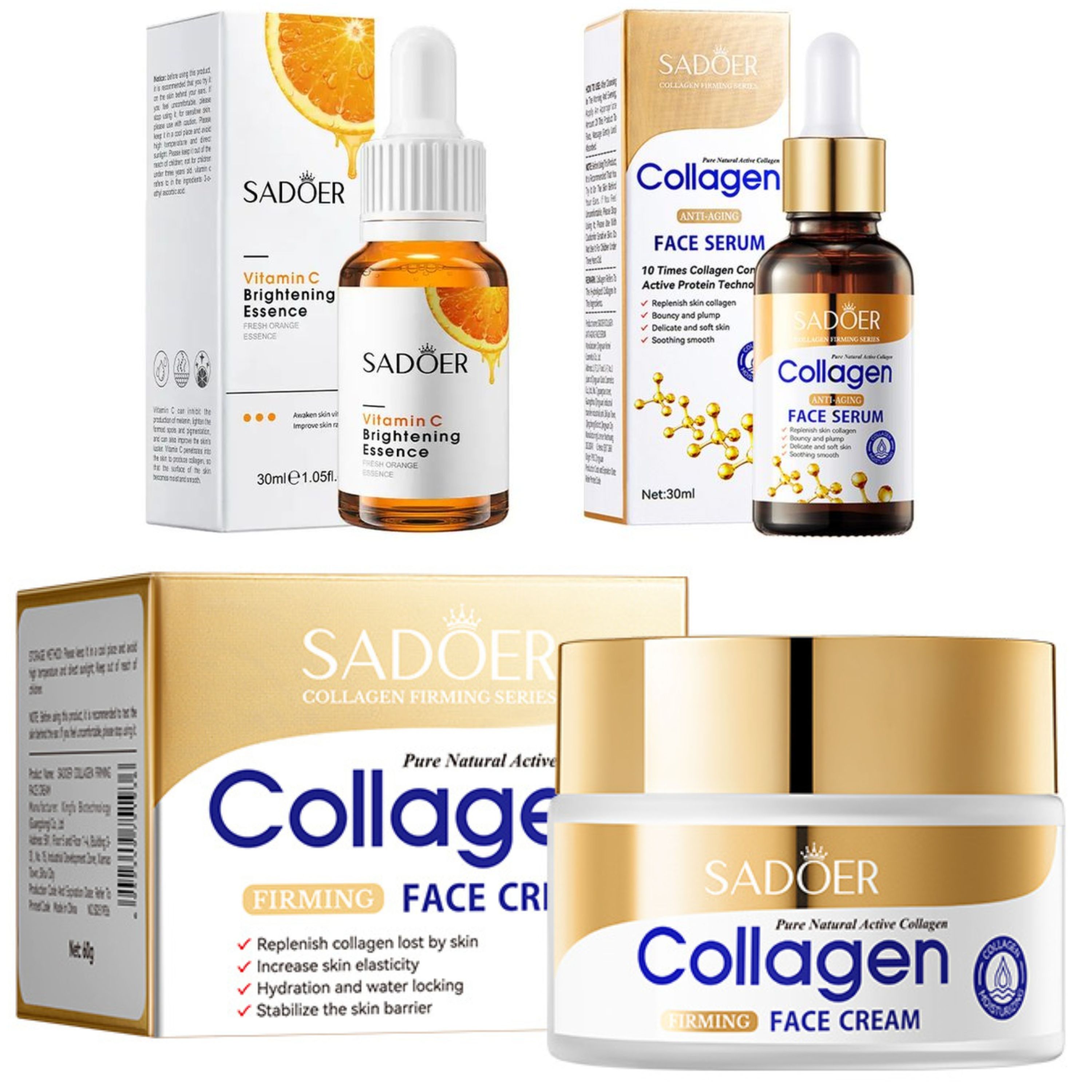 3 Pieces, Collagen Serum + Vitamin C Face Brightening Essence + Collagen Firming Face Cream ,For Face Brightening, Anti Wrinkles, Anti Aging, Moisturizing, Fade Dark Marks and Collagen Replenish