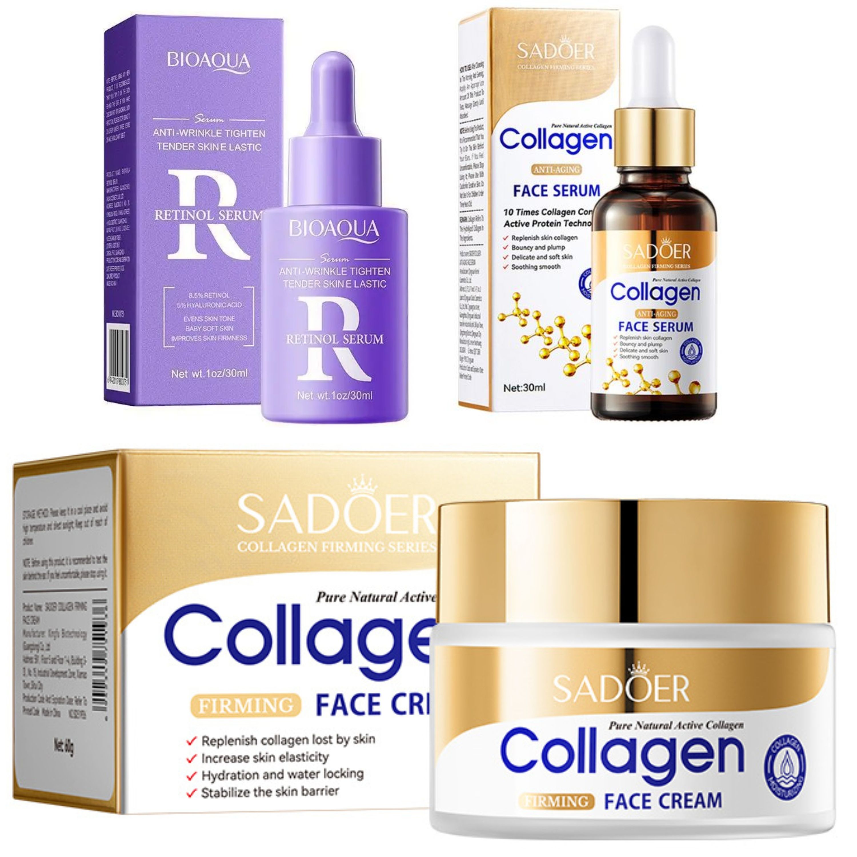 3 in 1, Retinol Firming Serum + Collagen Firming Cream+ Collagen Serum , Anti aging, Anti Wrinkles, Anti Acne, Anti Dark Spots, Can use with Vitamin C Face Brightening , Smooth Skin and Revitalized