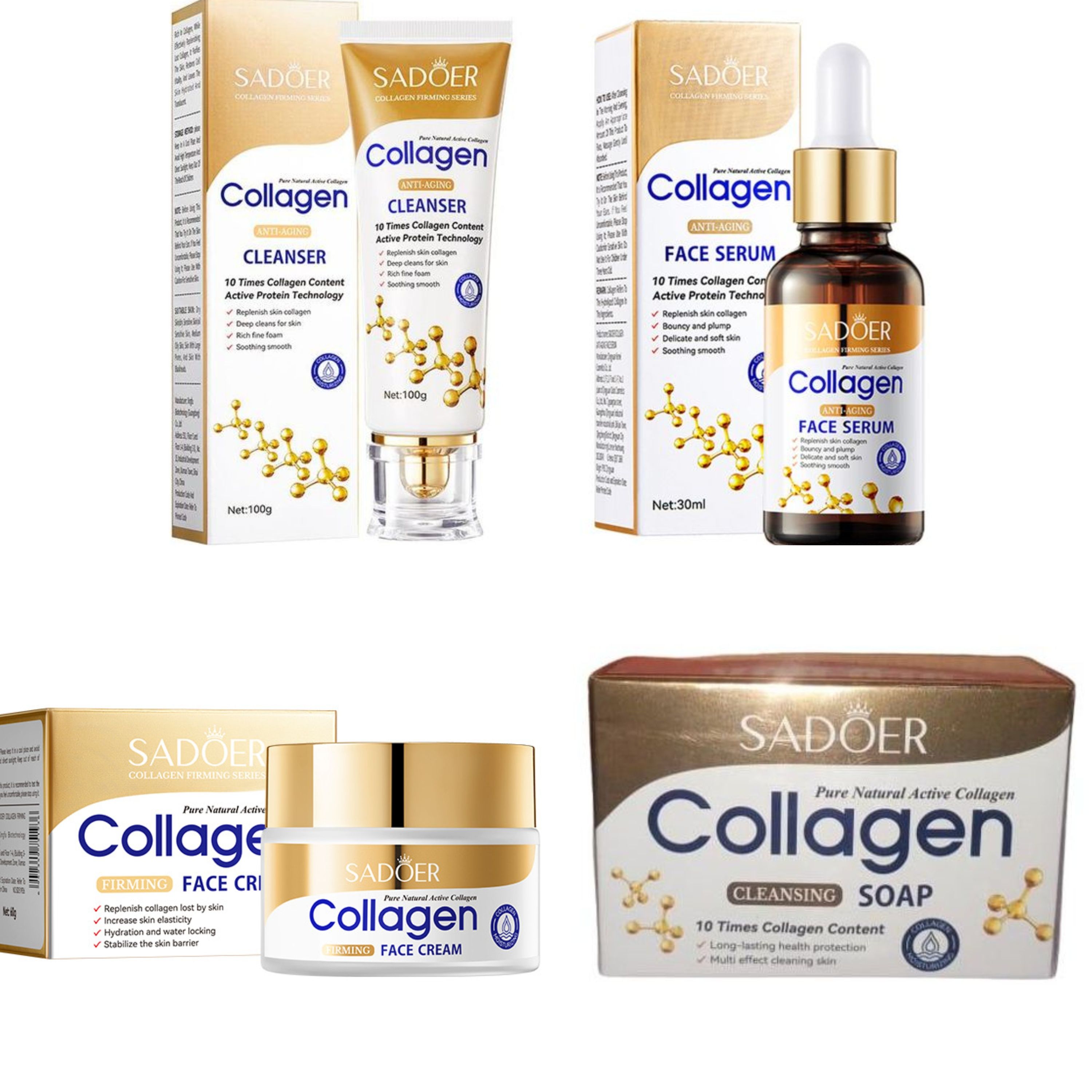 Sadoer Collagen 4 Pieces, Collagen Anti Aging Serum + Firming Face Cream + Anti Aging Facial Cleanser + Cleansing Soap, Can add Vitramin C to the Routine, For Antiwrinkles, Moisturizing, soothing