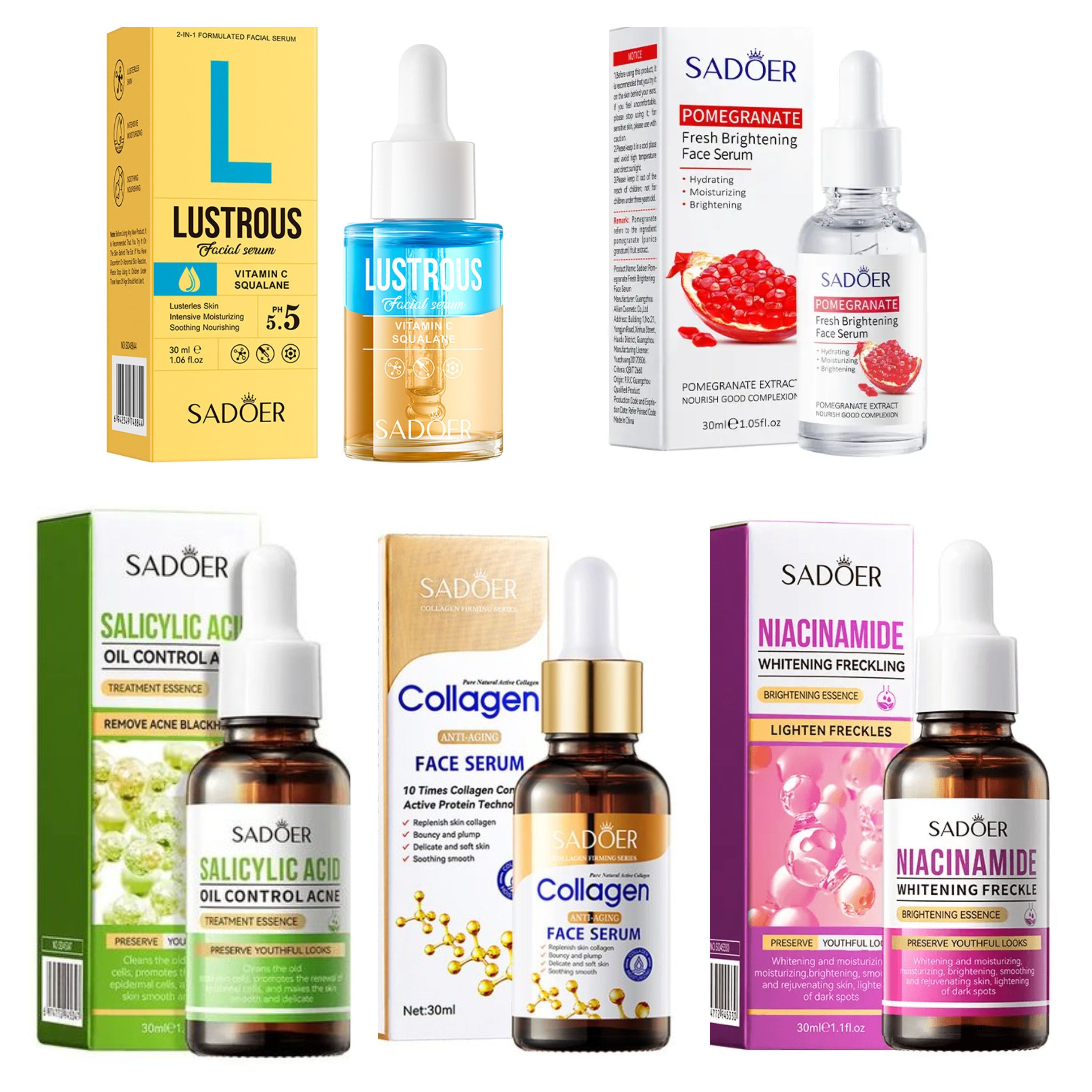 5 in 1, Salicylic Acid Acne Treatment Essence + Lustrous Vitamin C Squalane Face Serum + Pomegranate Face Brightening+  Anti Aging Collagen + Niacinamide Serum, Anti Acnes, Pimples, Moisturize Skin