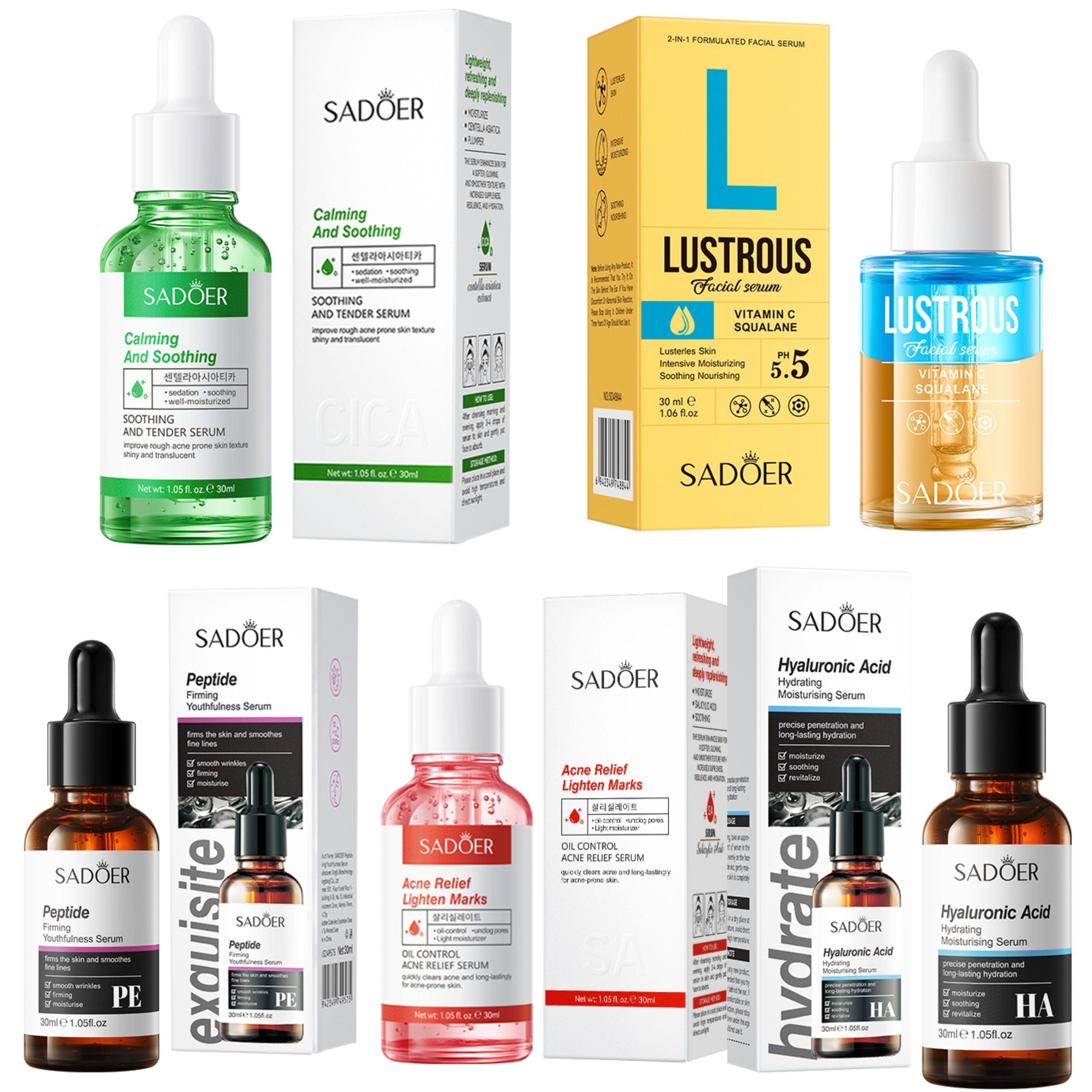 5 Pieces Set, Centella Astica Anti Acnes + Lustrous Vitamin C  Squalane Face Serum  + Acne Relief and Oil Control Serum + Peptide Firming Serum + Hyaluronic Serum Moisturizing  Oil Control, AntiWrinkl