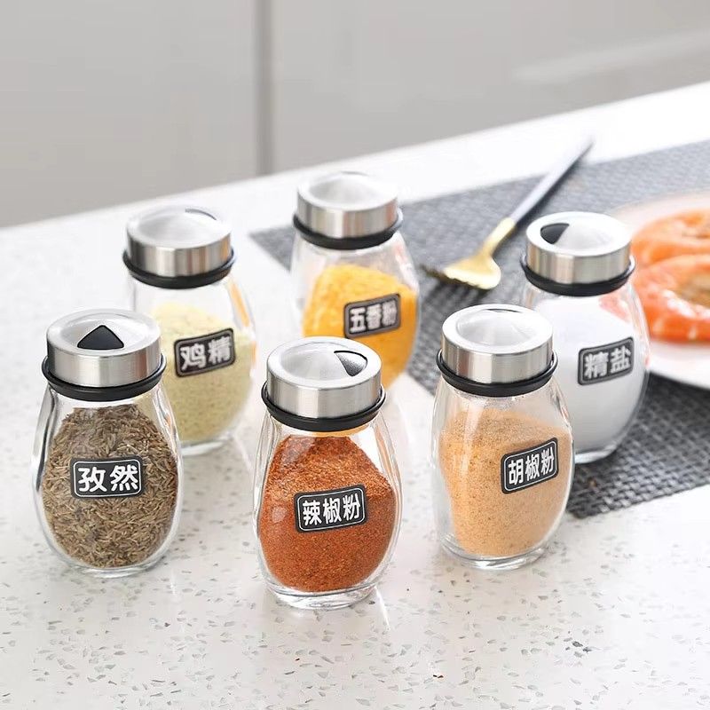 7pcs Spice Jar Set Rack Glass Organizer Rotating Glass Seasoning Sugar Pepper Bottles Salt Shakers Holder Kitchen Storage Rack