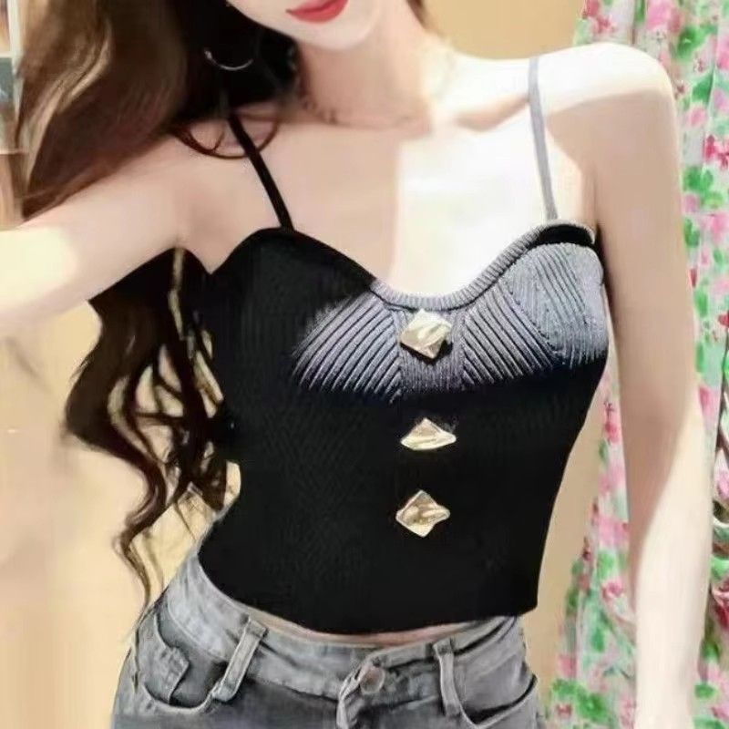 Women Sexy Tank Tops Knitted Camisole Female Suspender Slim Bottom Bandeau Top High Stretch V Neck Sleeveless Crop Top