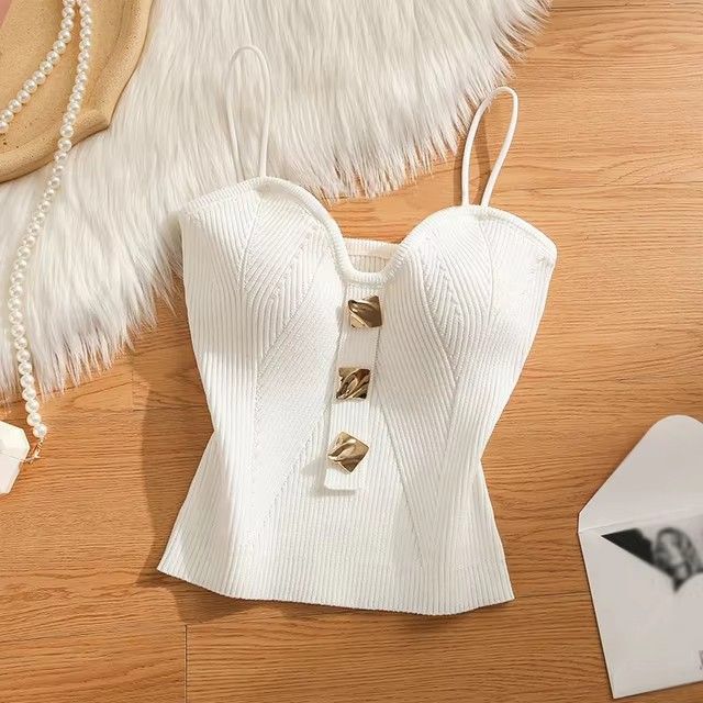Women Sexy Tank Tops Knitted Camisole Female Suspender Slim Bottom Bandeau Top High Stretch V Neck Sleeveless Crop Top
