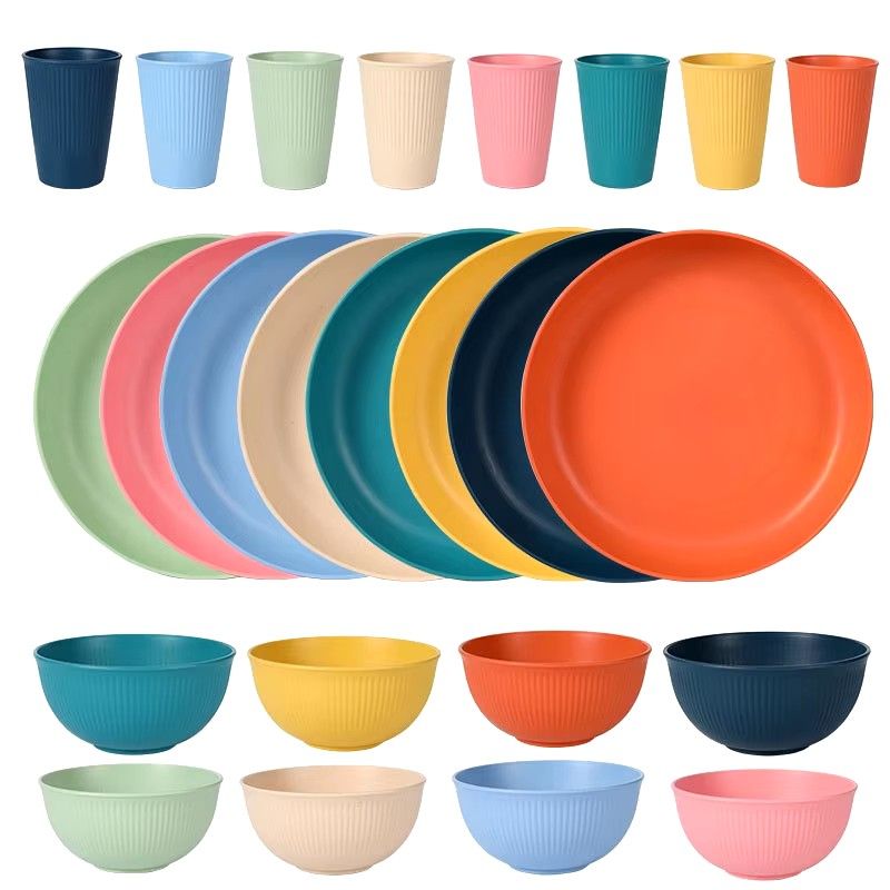 4pcs Wheat Straw Dinnerware Set Eco-friendly Safety Plates Cups Bowels Home Party Tableware Set Outdoor Camp Candy Colour Gift