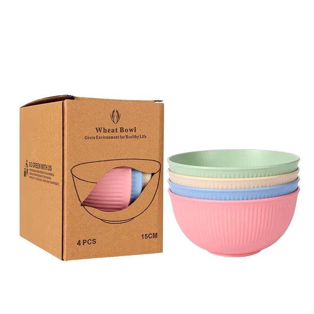 4pcs Wheat Straw Dinnerware Set Eco-friendly Safety Plates Cups Bowels Home Party Tableware Set Outdoor Camp Candy Colour Gift