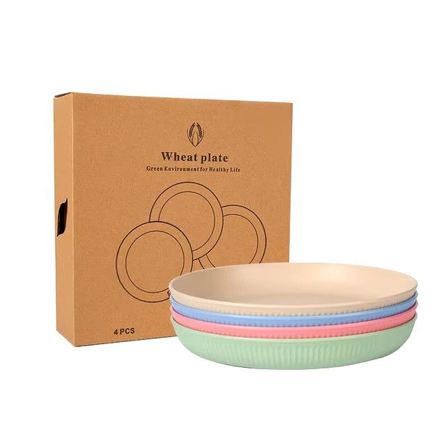 4pcs Wheat Straw Dinnerware Set Eco-friendly Safety Plates Cups Bowels Home Party Tableware Set Outdoor Camp Candy Colour Gift