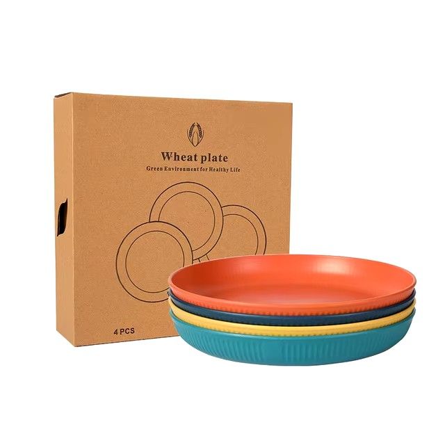 4pcs Wheat Straw Dinnerware Set Eco-friendly Safety Plates Cups Bowels Home Party Tableware Set Outdoor Camp Candy Colour Gift