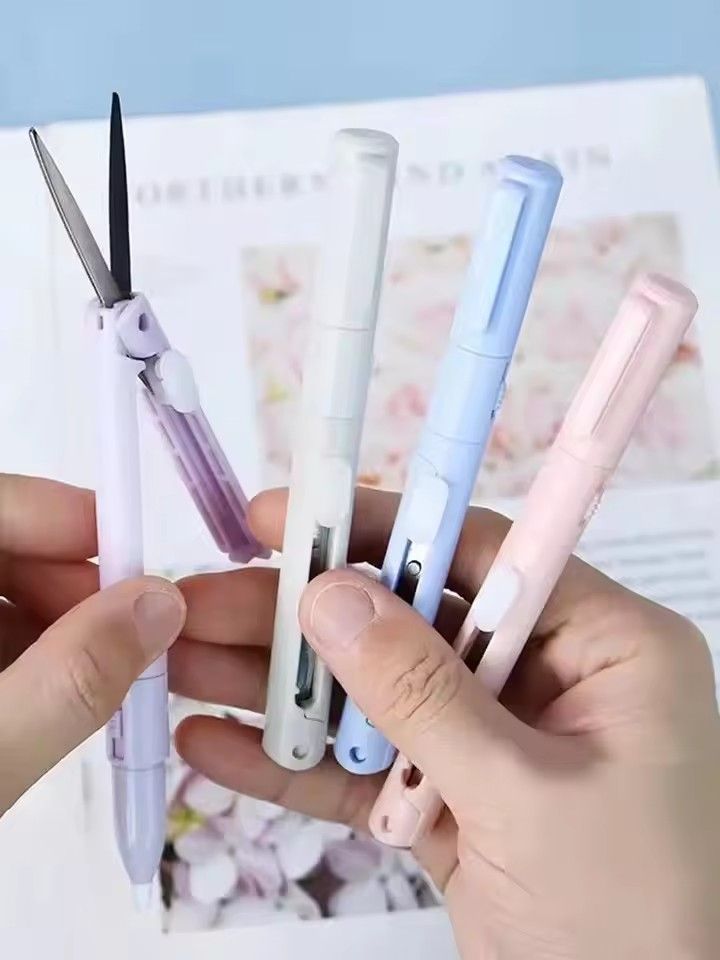 1pc Mini Portable Scissors Paper Cutter Knife 2 In 1 Multifunctional Pocket Pen Shape Scrapbooking Carving Cutting Art Tools