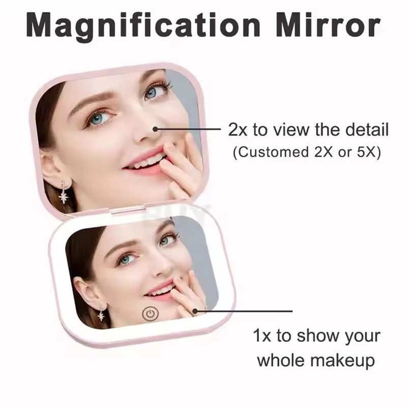 Compact Mini Gift Vanity Folding Cosmetic Mirror with Lights Portable Hand Held Small Pocket Travel Makeup Mirror 2X magnifying