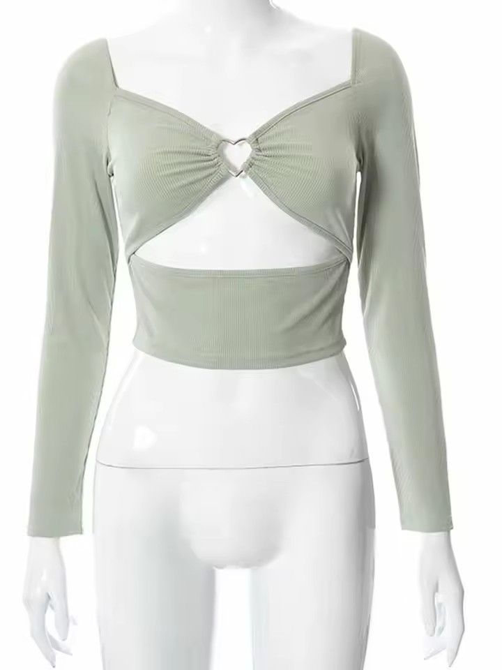 Hollow-Out V-neck Long Sleeve Crop Tops Spring Fall Casual Fashion Women Square Collar Slim Ribbed T-Shirts Backless Tee