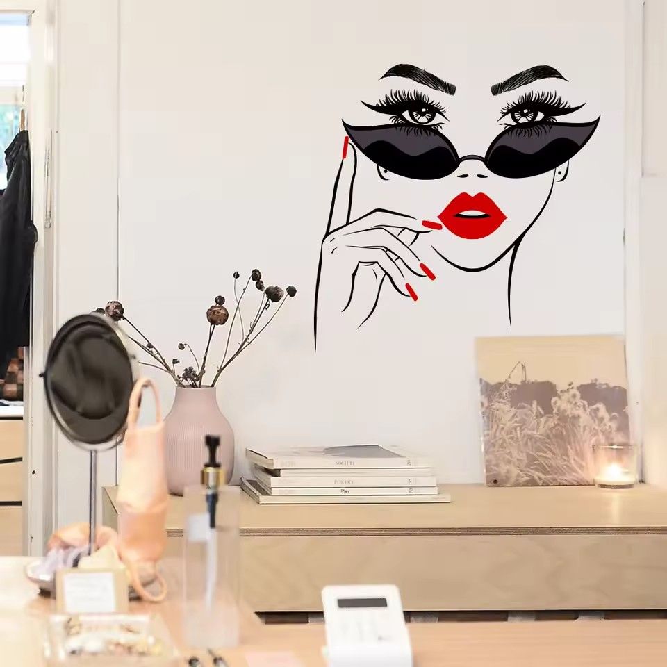 Fashion Female Face Wall Sticker Beauty Studio Decor Makeup Wall Art Sticker Mural Removable Window Decals Wallpaper