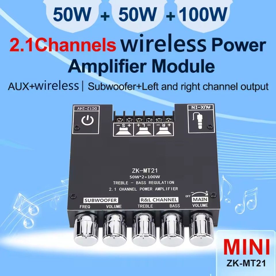 ZK-MT21 2x50W+100W 2.1 Channel Subwoofer Digital Power Amplifier Board AUX 12/24V Audio Stereo Bluetooth 5.0 Bass Amp for Home