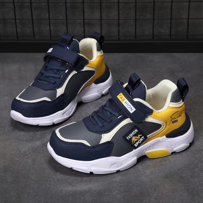 Autumn and Winter Children's Shoes, Boys' Sports Shoes, Leather Surface, Breathable, Non-Slip, Versatile Sports Shoes for Middle-Aged and Older Children, Elementary School Students