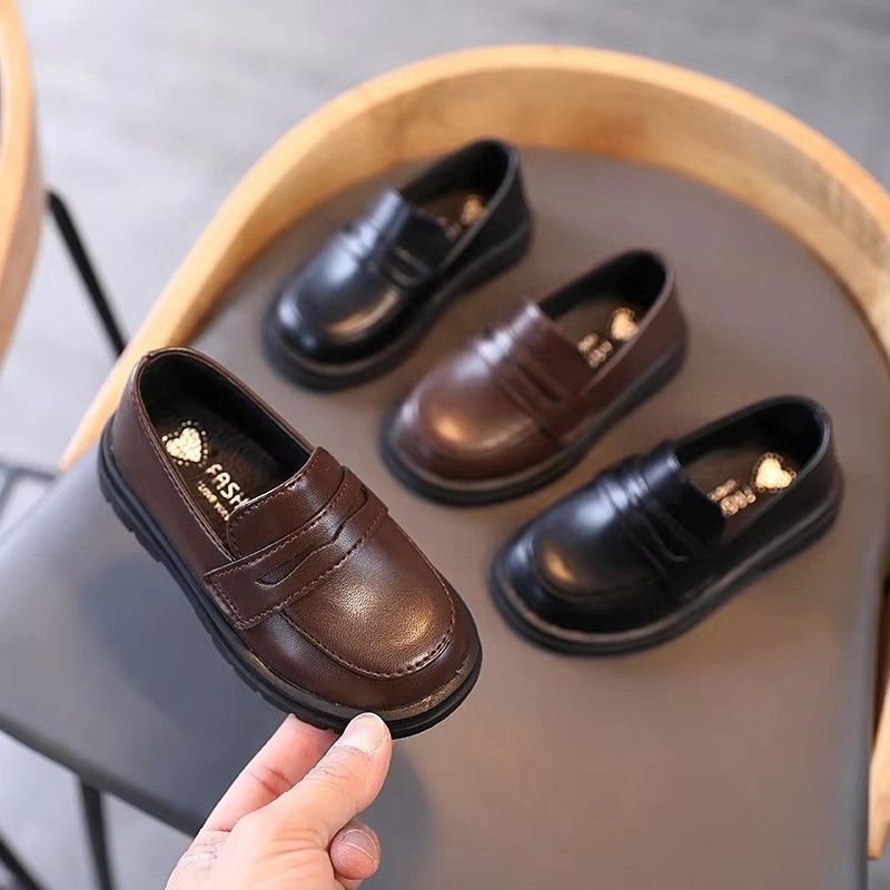 Kids Loafers Slip-on Pu Leather Shallow Black Brown Boys Girls Flat Shoes 21-36 Toddler Fashion Leisure Children Casual Shoe