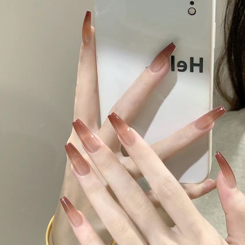 Simple nail art, chestnut red gradient, wearable nail, artificial nail, elegant long ballet nail, 24 pieces, removable